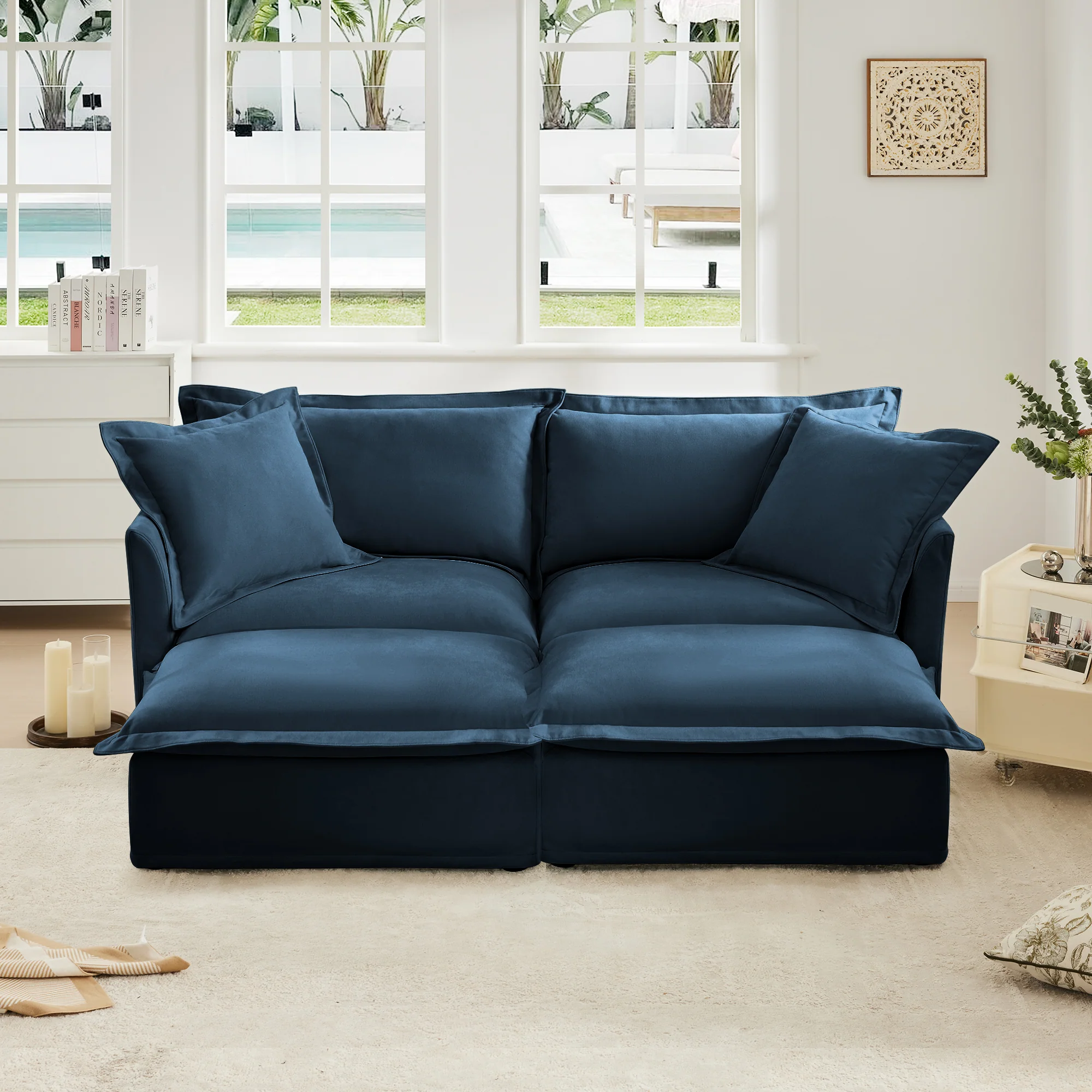 Walker Edison | Deep Seat Blue Slipcovered Loveseat Sofa with Two Ottomans