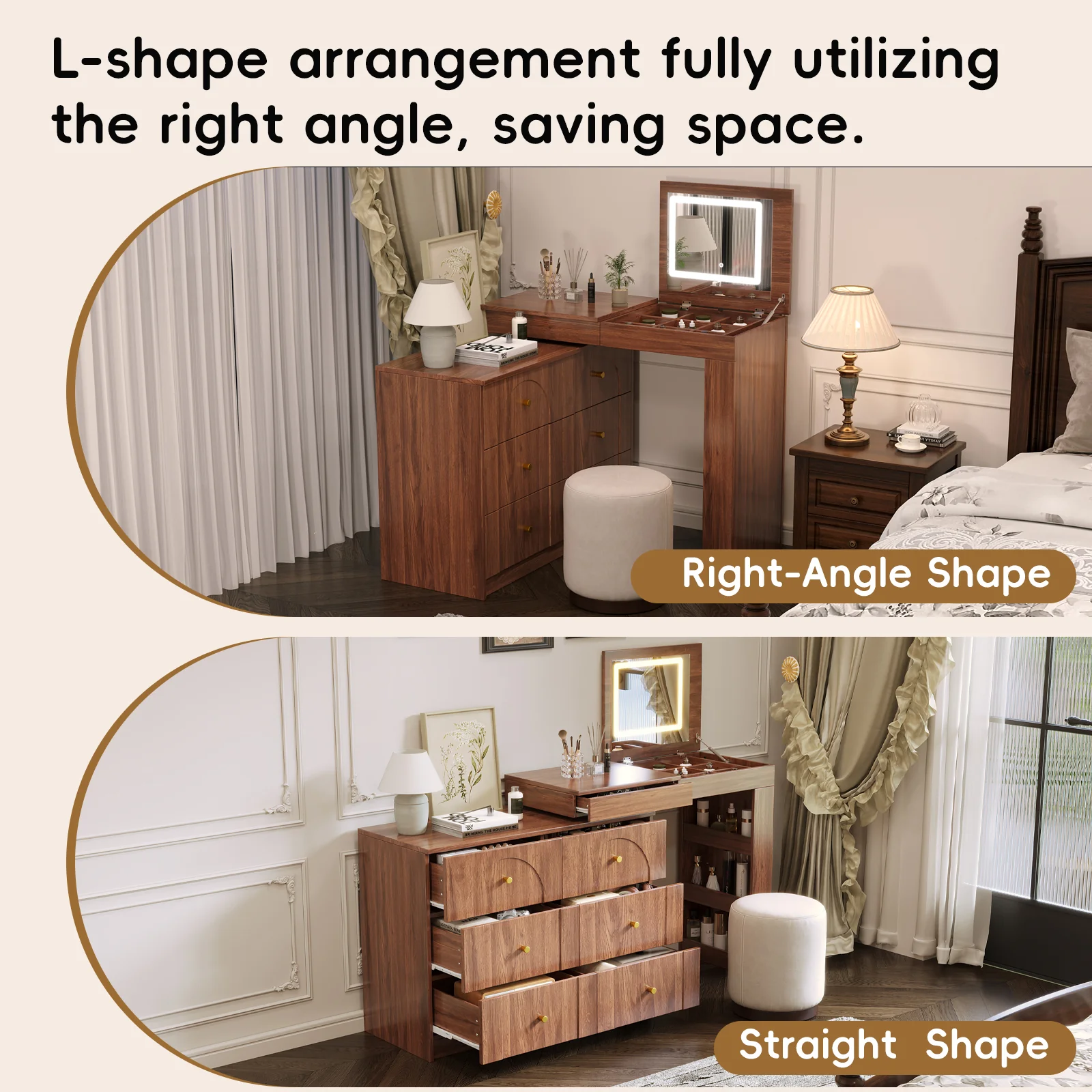 Walker Edison | Multi-Functional Vanity Desk/Dresser Set with Flip-Top Mirror and Lights
