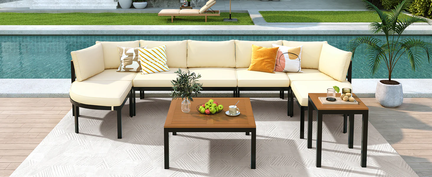 Walker Edison | Modern Outdoor Sectional Sofa Set with Tables