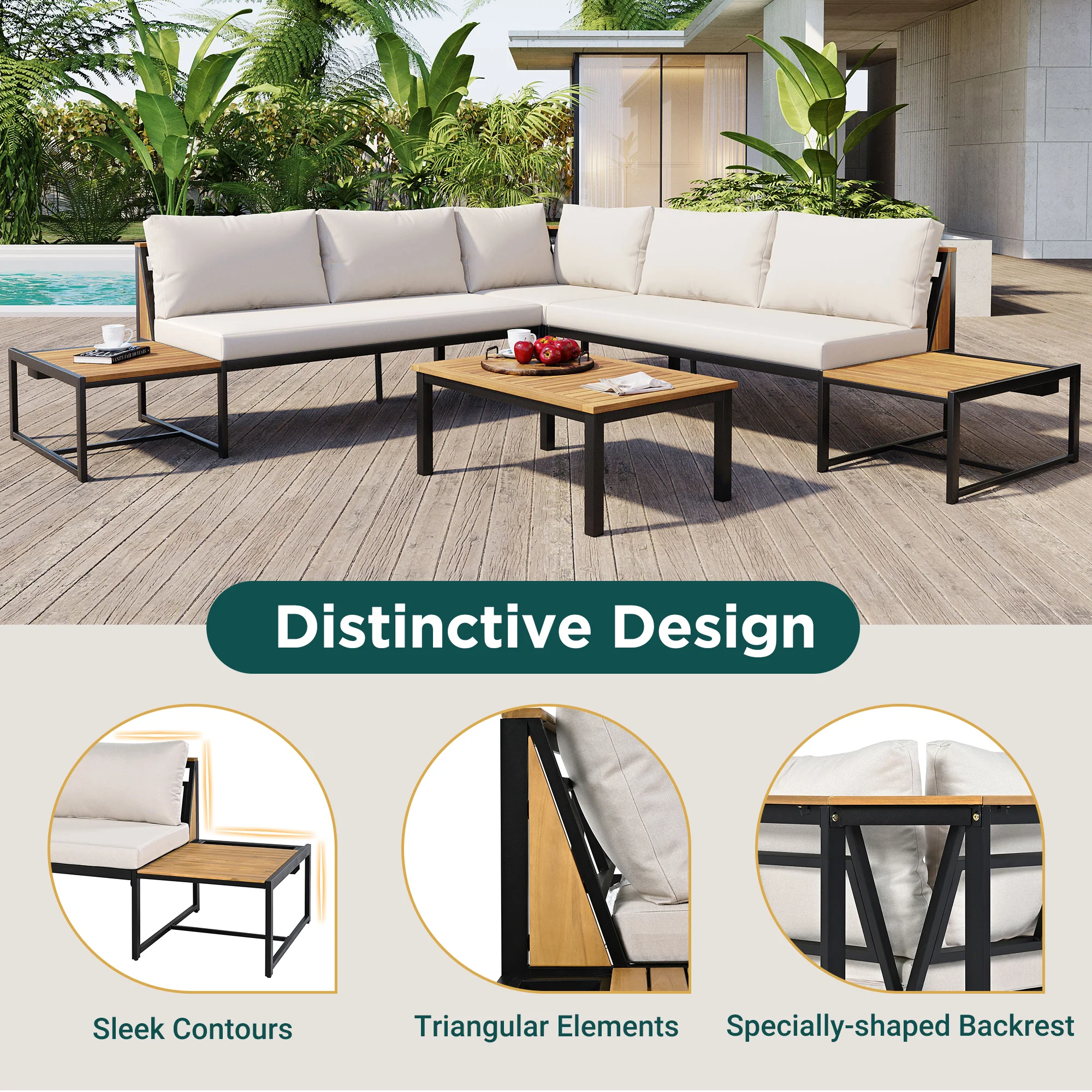 Walker Edison | 4 Pieces Outdoor Patio Sofa Sectional Set with Coffee and Side Tables