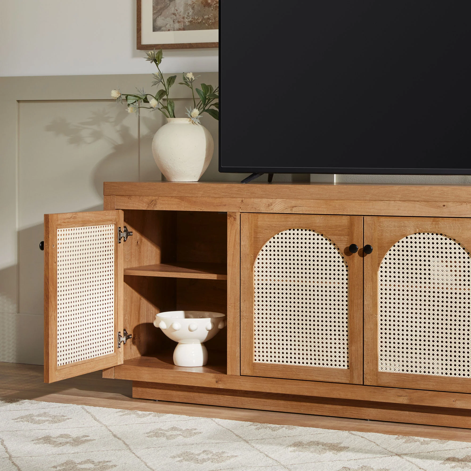 Sasha Contemporary TV Stand and Sideboard with Rattan Doors for up to 80 TV