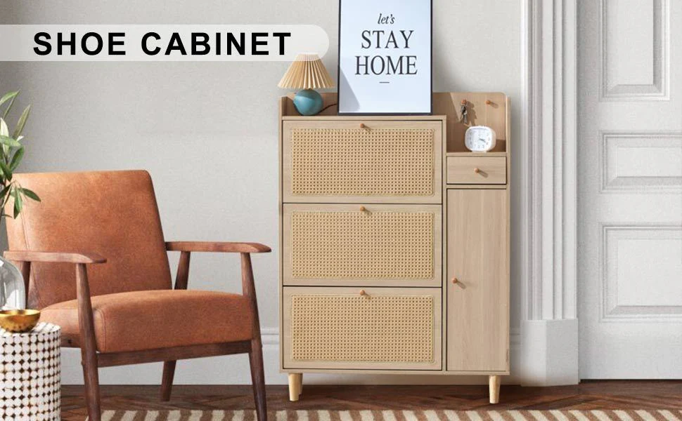 Walker Edison | Rattan Minimalist Entryway Storage Shoe Cabinet