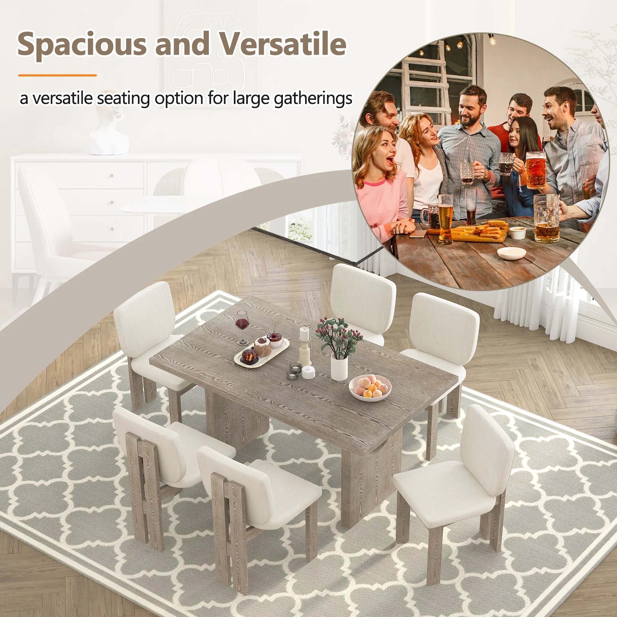 Walker Edison | Natural Wood Wash 7-Piece Retro Dining Set with 6 Upholstered Chairs