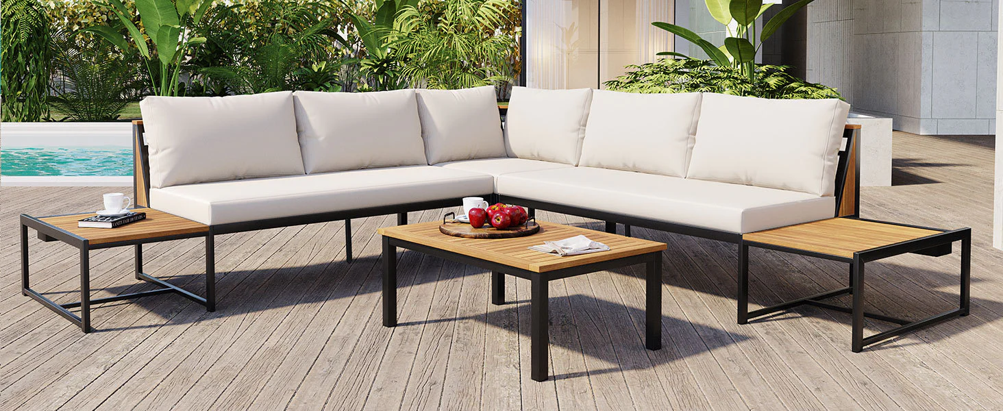 Walker Edison | 4 Pieces Outdoor Patio Sofa Sectional Set with Coffee and Side Tables