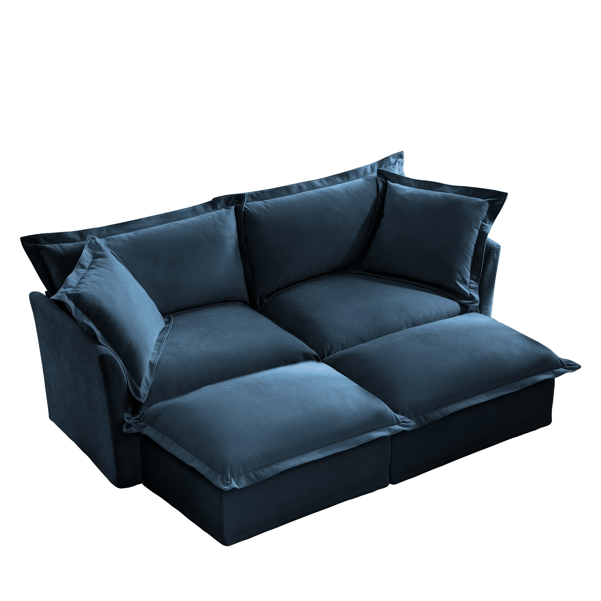 Walker Edison | Deep Seat Blue Slipcovered Loveseat Sofa with Two Ottomans