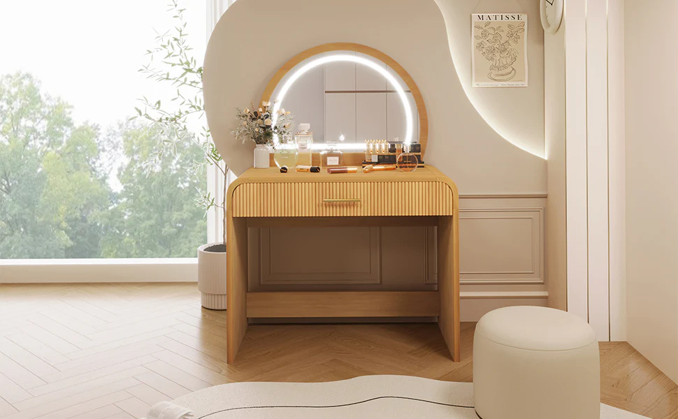 Walker Edison | Natural Reeded Curve Design Makeup Vanity Desk with Mirror