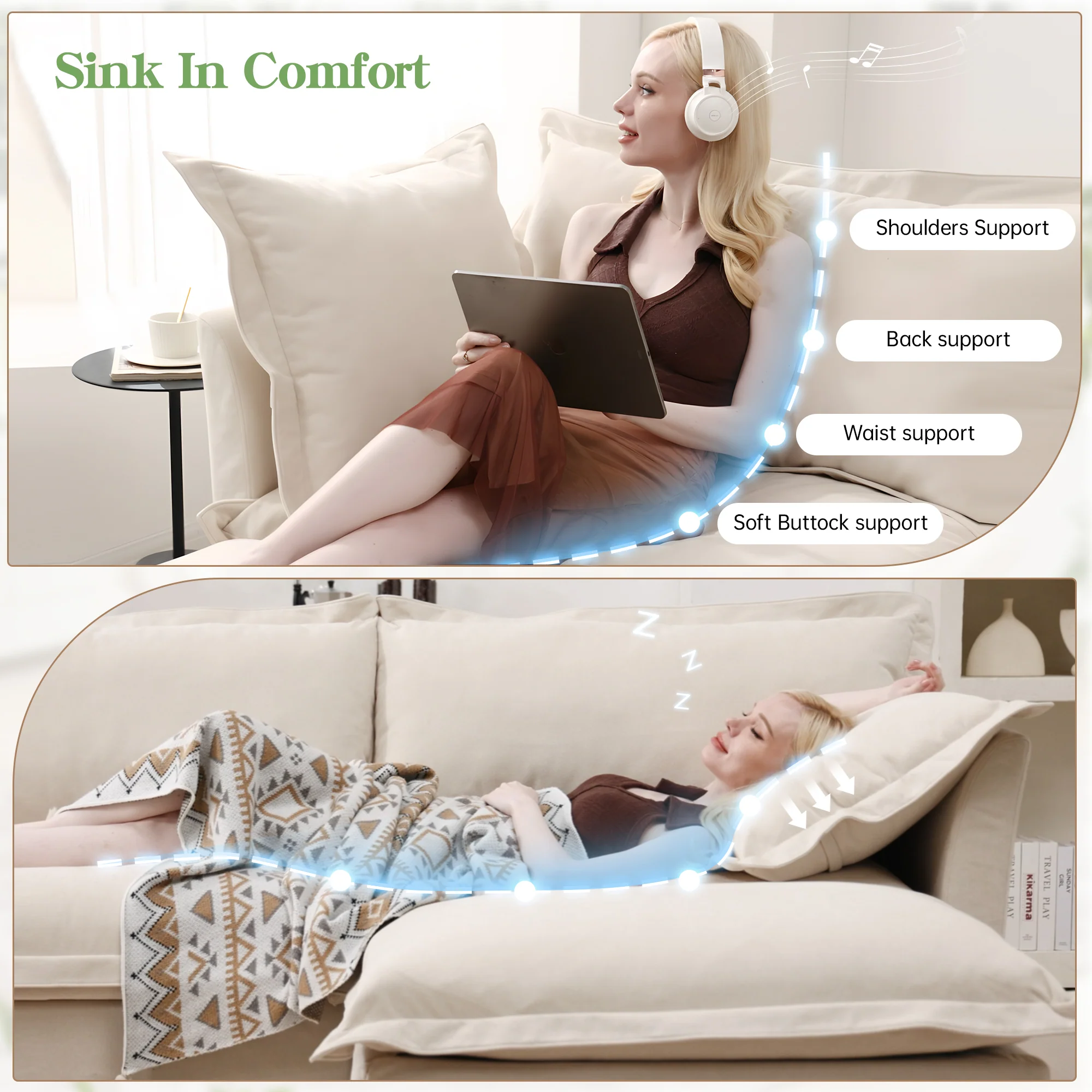 Walker Edison | Wide Deep Seat Slipcovered Beige Loveseat Sofa with 2 Ottomans