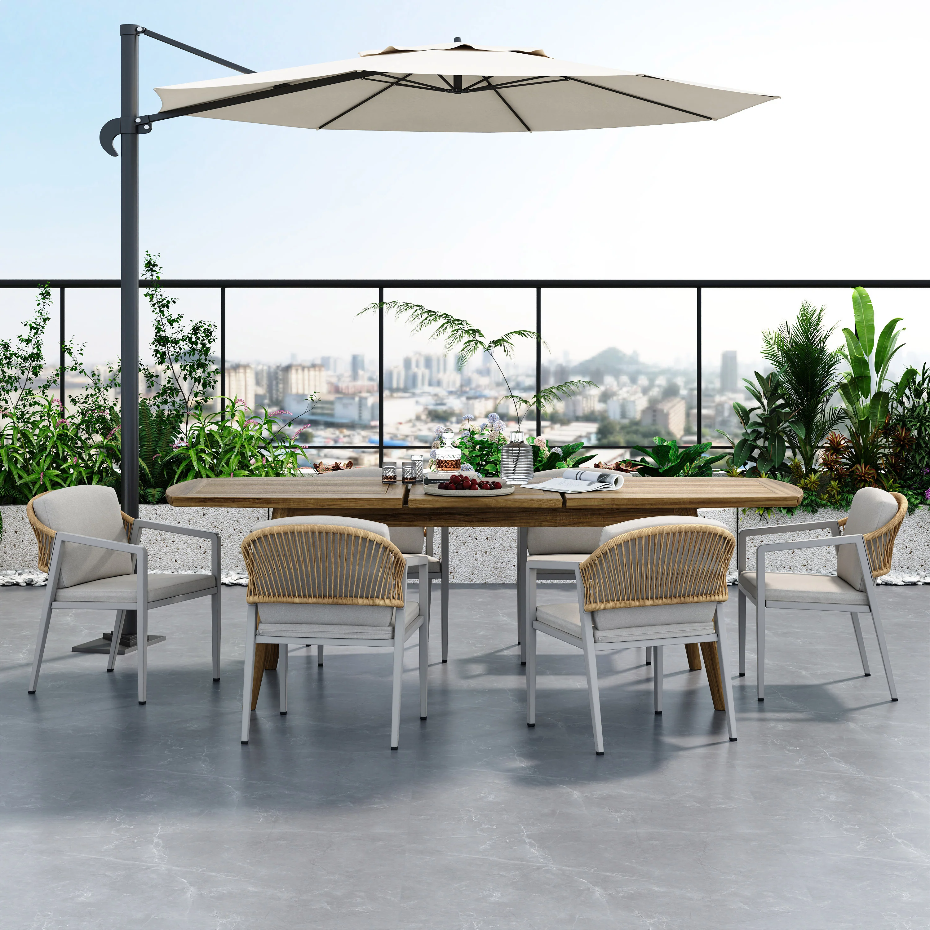 Walker Edison | Acacia Wood Expandable Outdoor Dining Set with Chair Set of 6