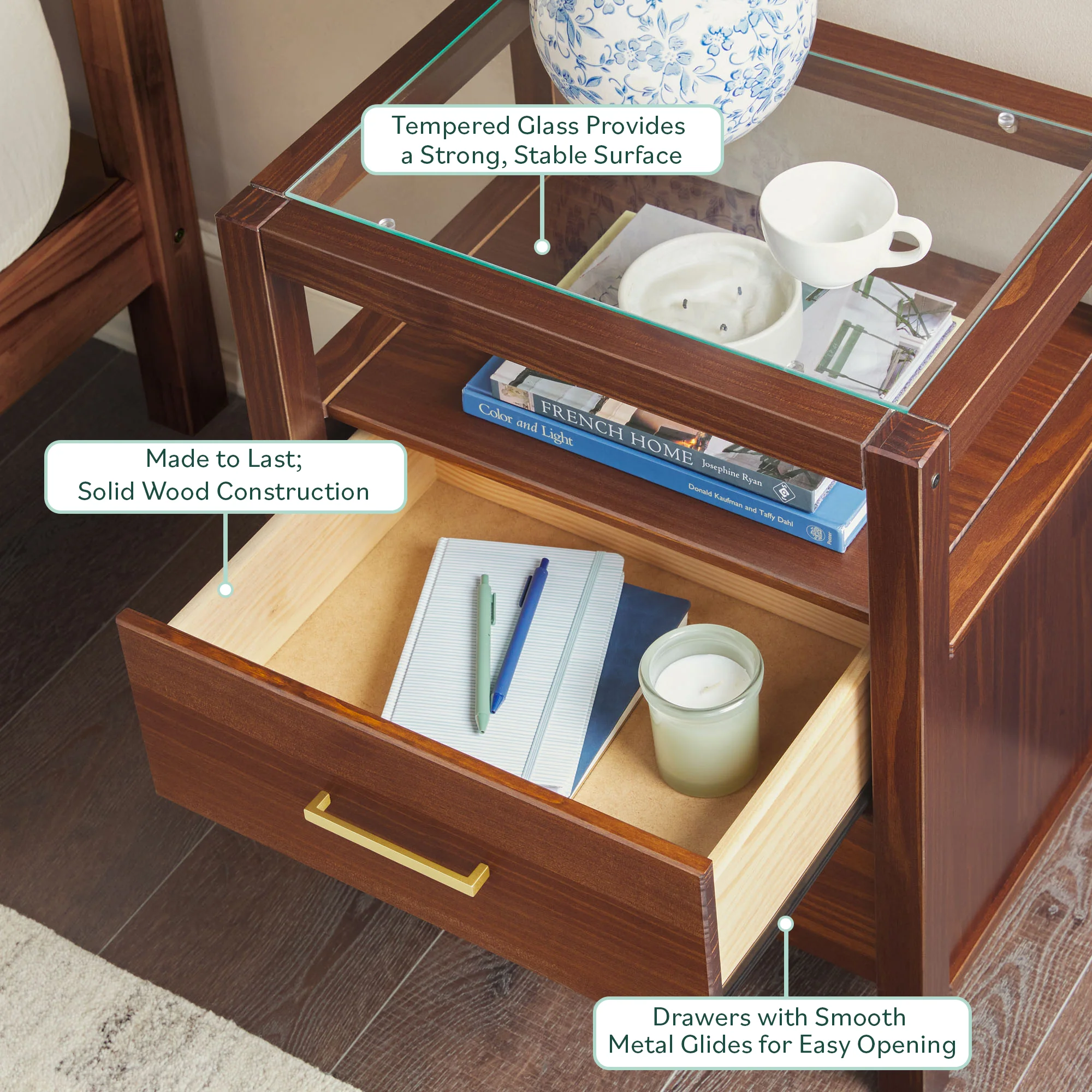 Isla Modern Easy Assembly Solid Wood 2-Drawer Nightstand Side Table with Glass Top