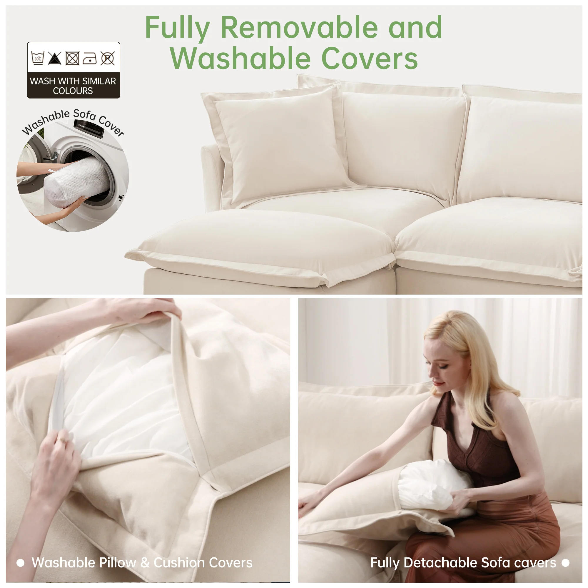 Walker Edison | Wide Deep Seat Slipcovered Beige Loveseat Sofa with 2 Ottomans