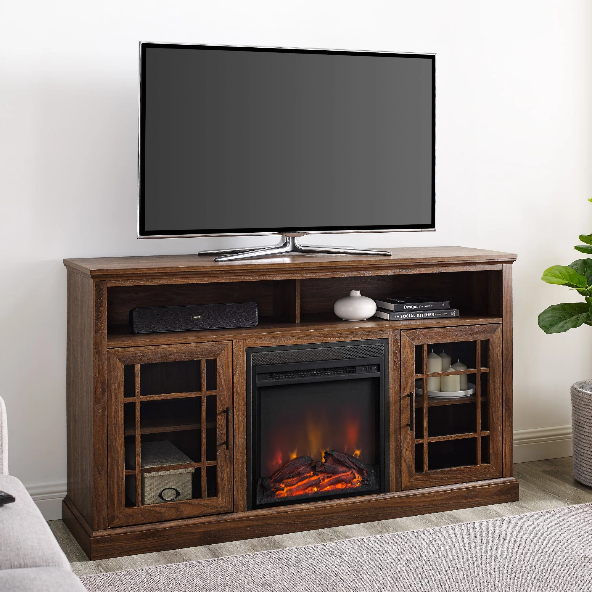 Hazel 58 Classic Glass Door Highboy Fireplace TV Stand