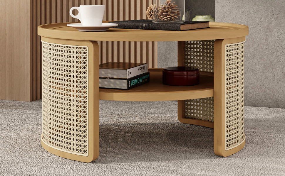 Walker Edison | Tiered Round Rattan Coffee Table with Storage