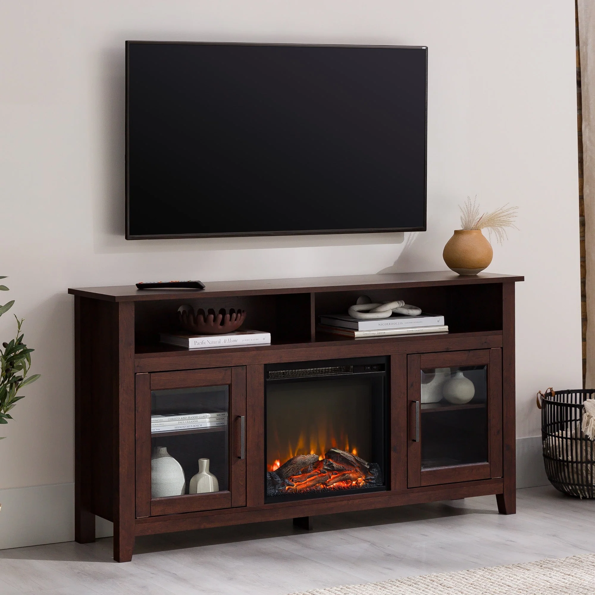 Wasatch 58 Transitional Fireplace Glass Wood TV Stand