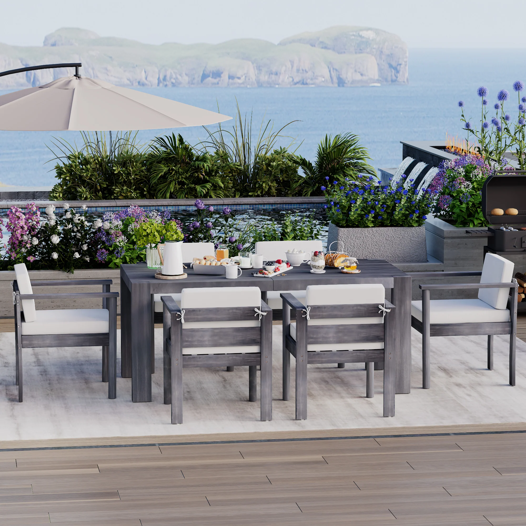 Walker Edison | Grey Wood Outdoor 7-Piece Patio Dining Table Set for 6