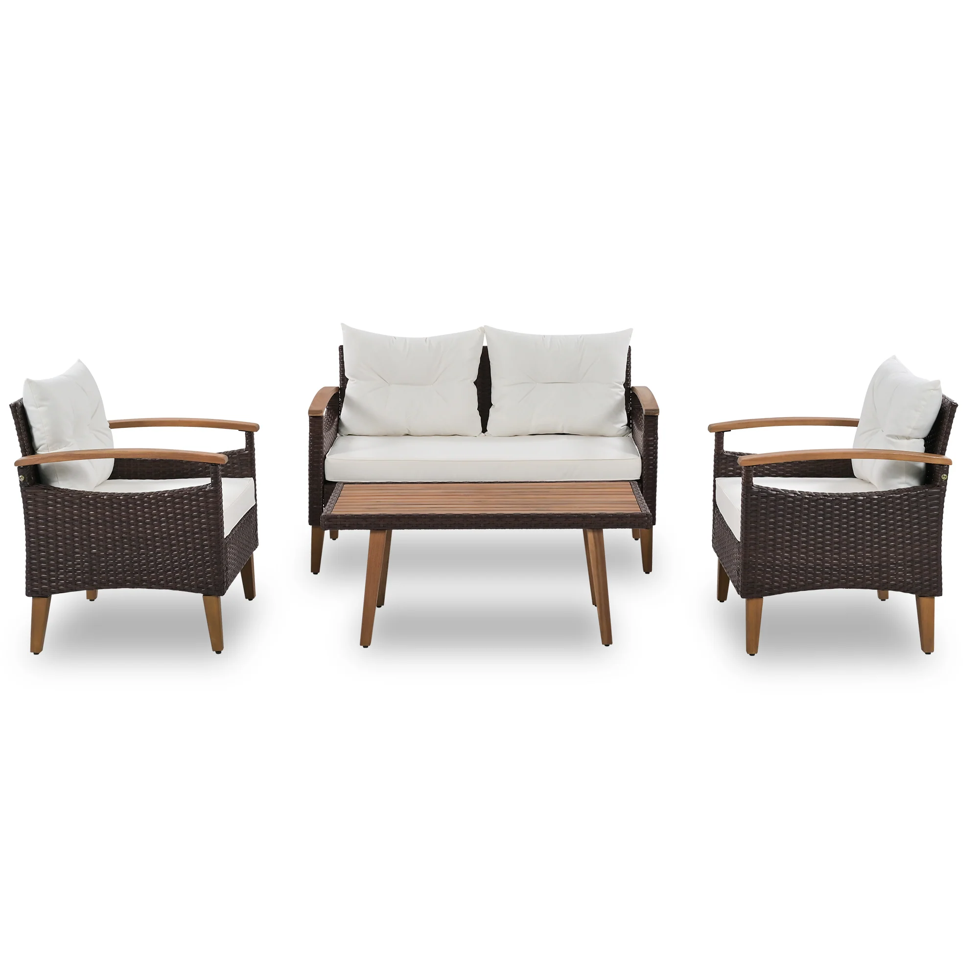 Walker Edison | 4-Piece Brown Rattan Outdoor Sofa Set with Table