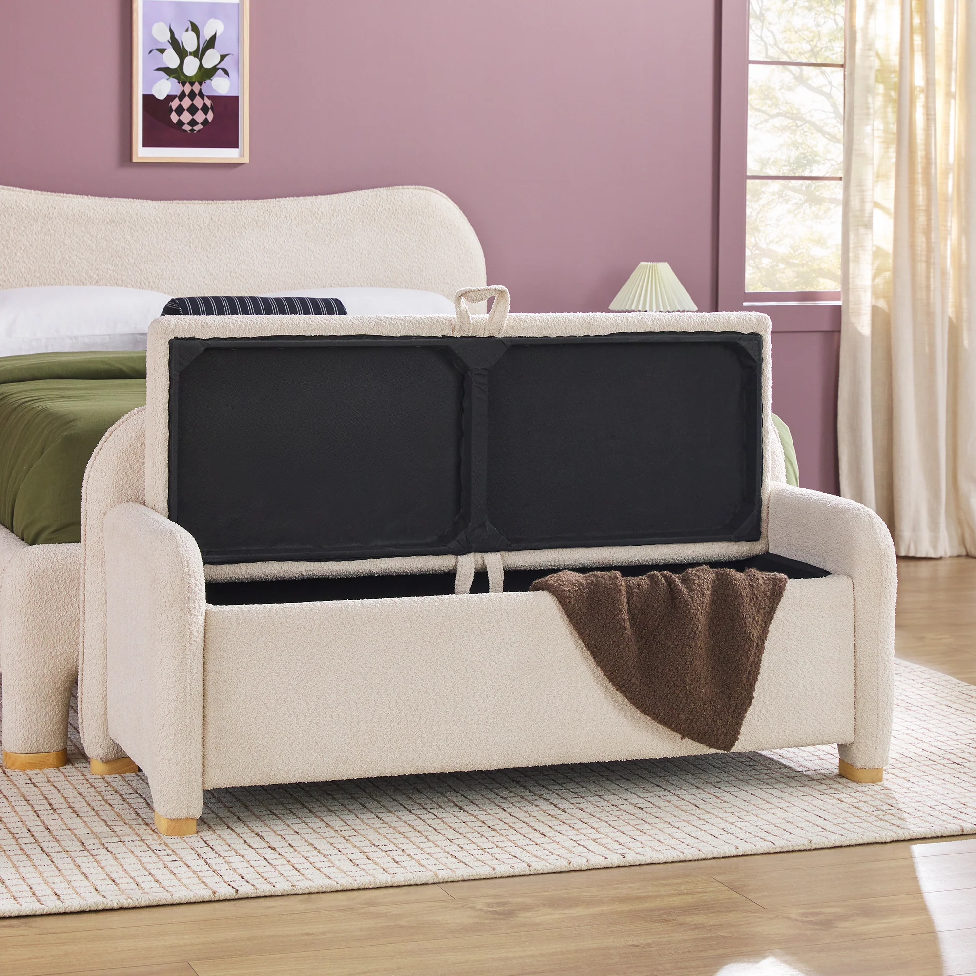 Chantelle Modern Curved Boucle Upholstered Bench with Storage
