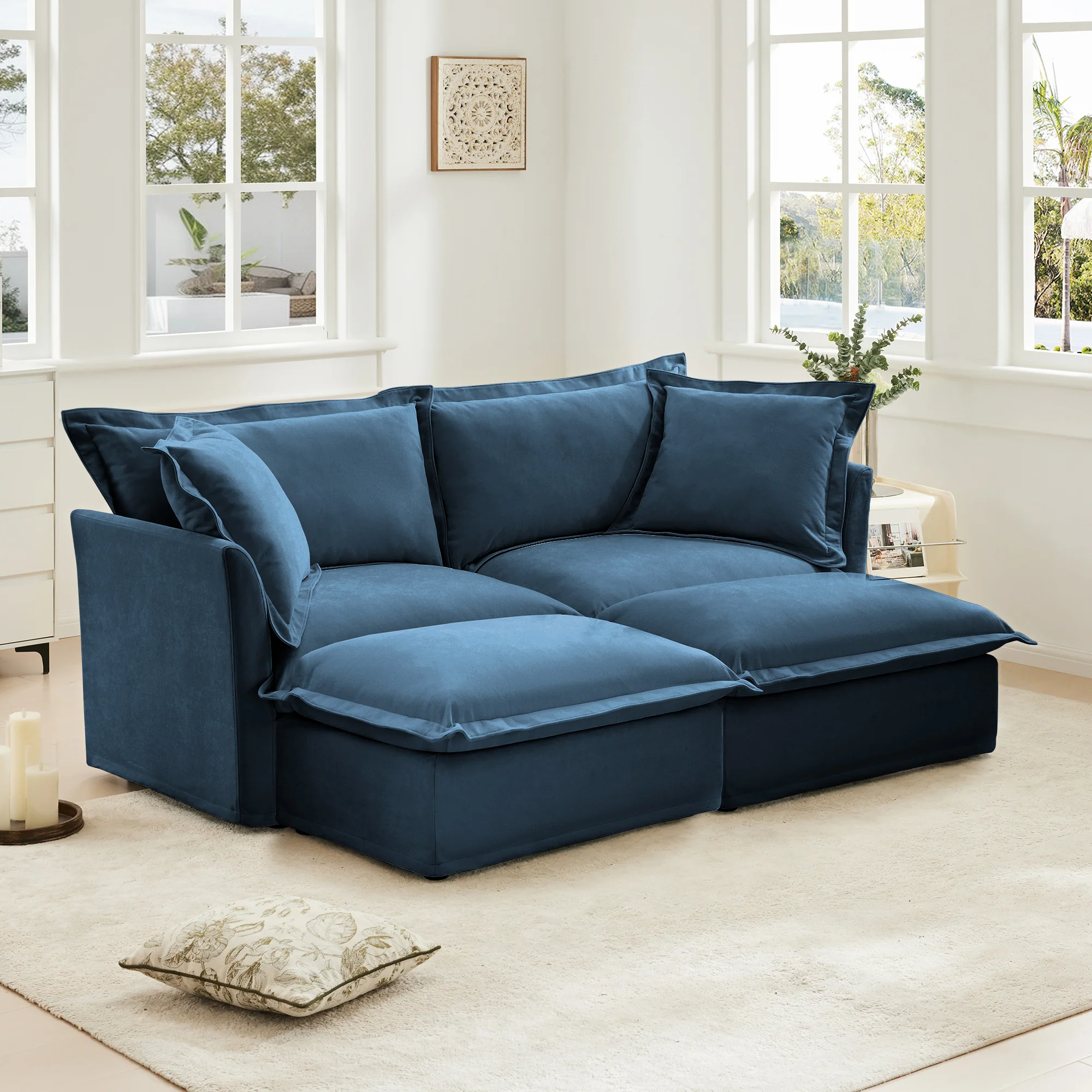 Walker Edison | Deep Seat Blue Slipcovered Loveseat Sofa with Two Ottomans