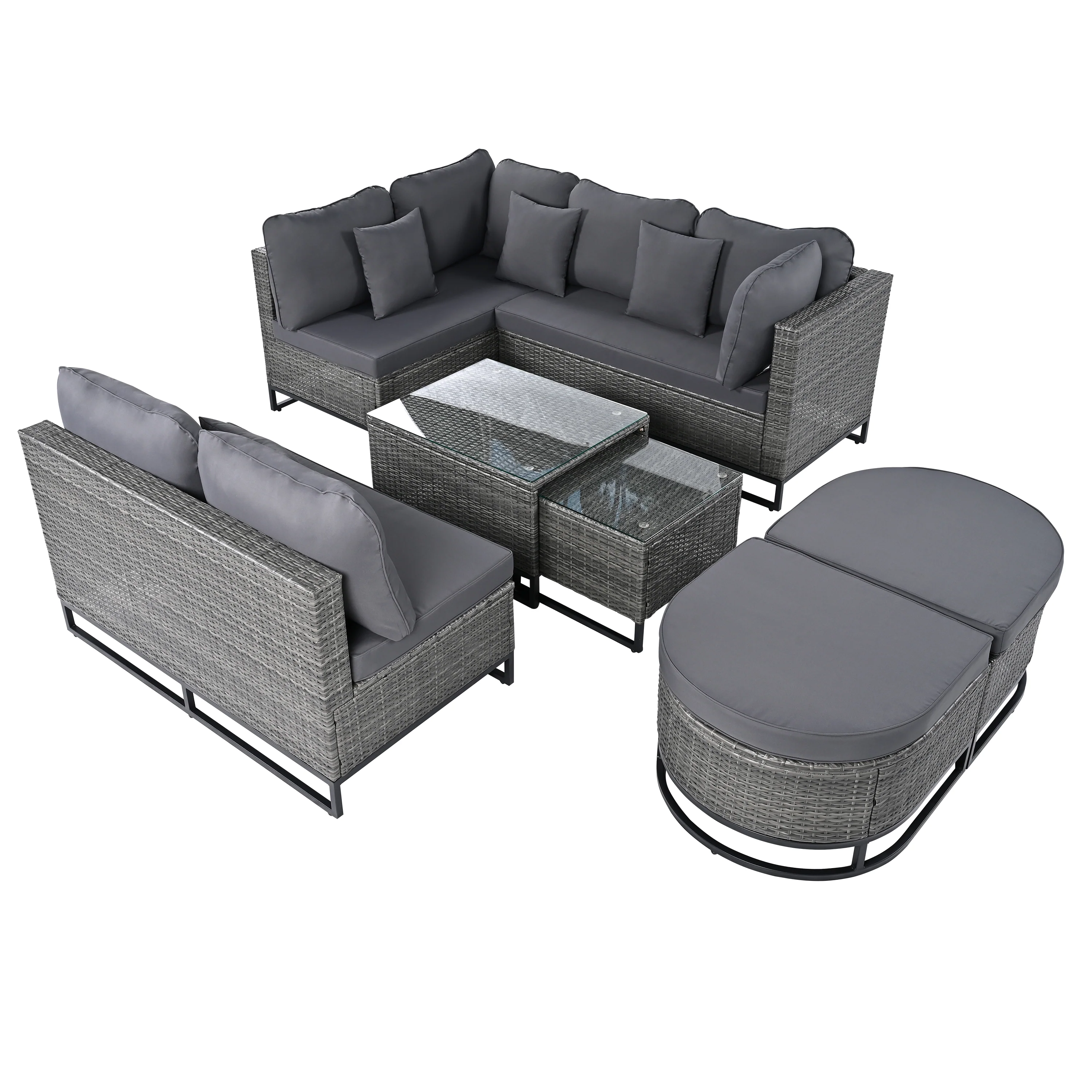 Walker Edison | Outdoor Rattan 7 Pieces Wicker Sofa Set with Coffee Table
