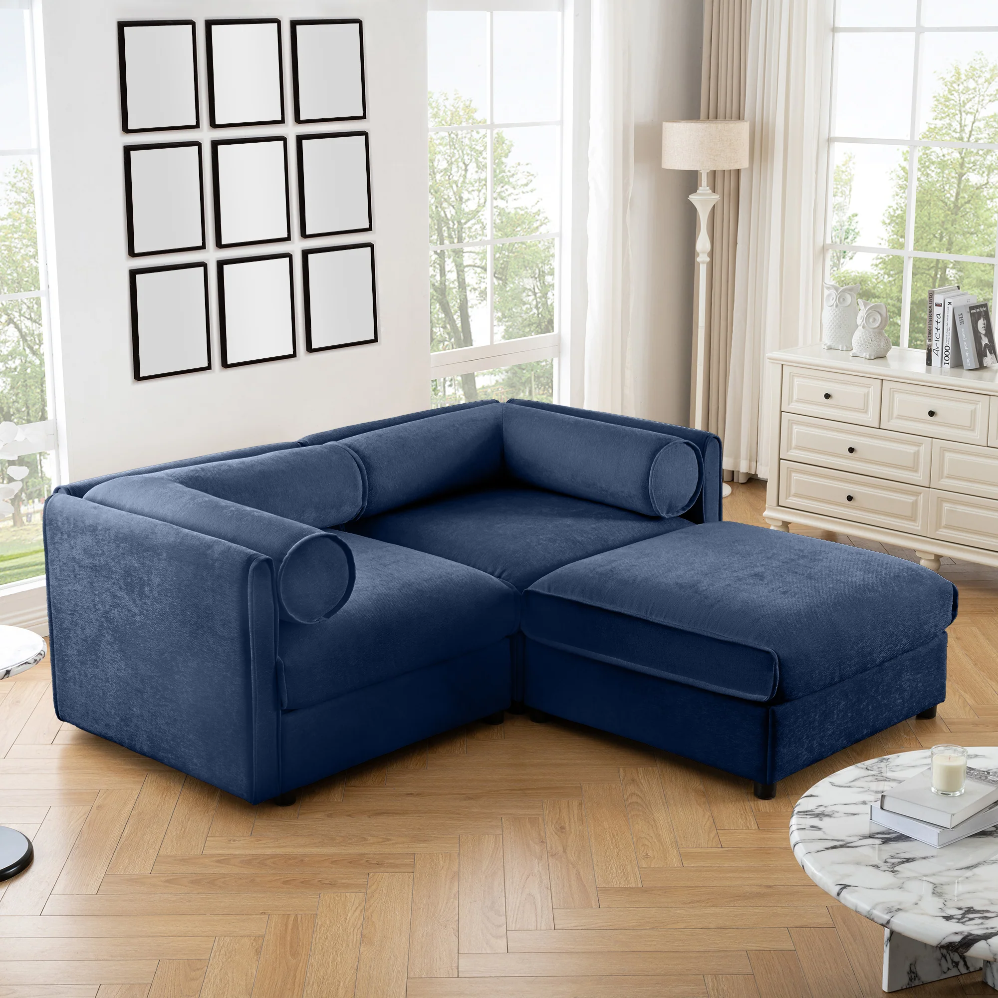 Walker Edison | Stylish Blue Chenille Loveseat Sofa with Ottoman Storage Seat
