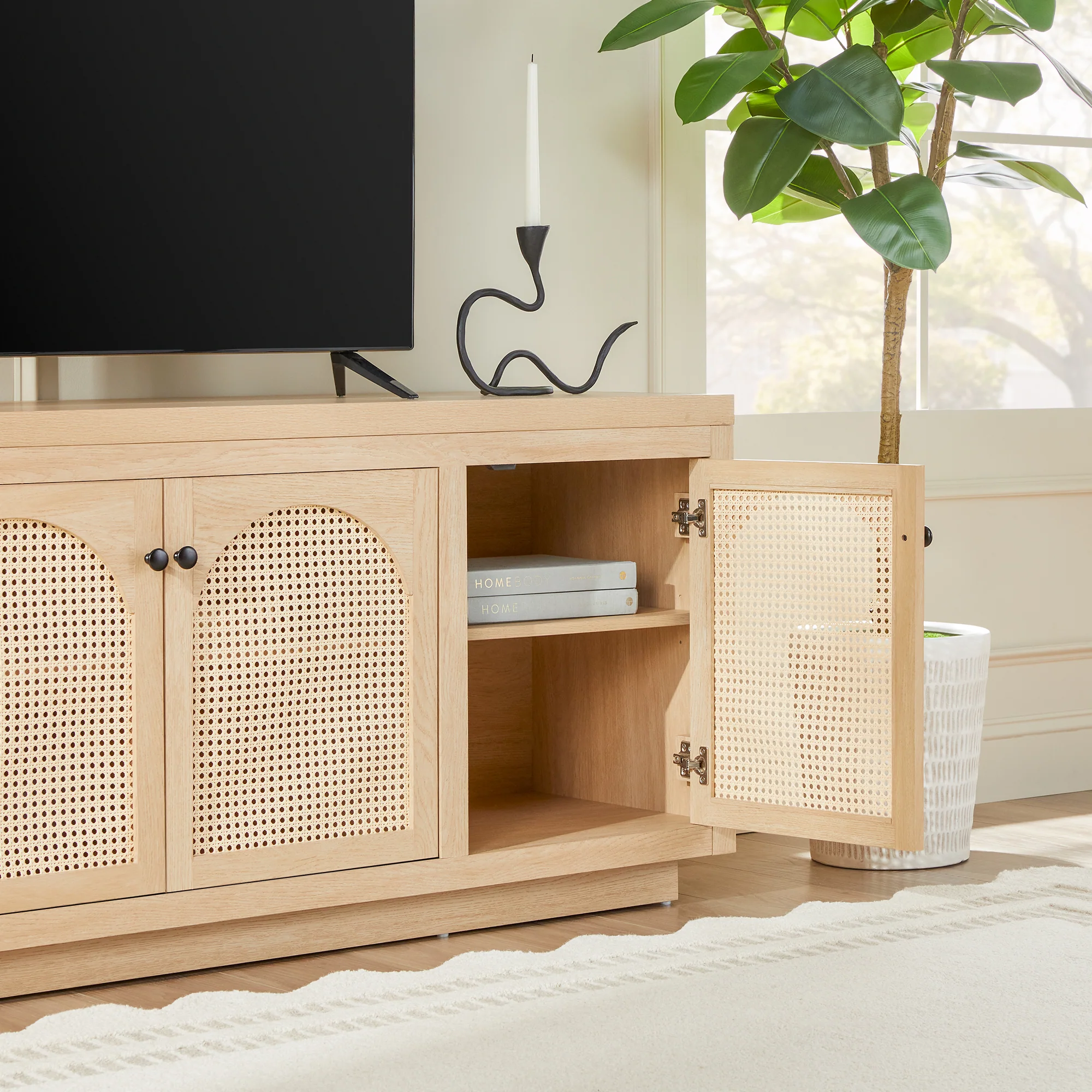 Sasha Contemporary TV Stand and Sideboard with Rattan Doors for up to 80 TV