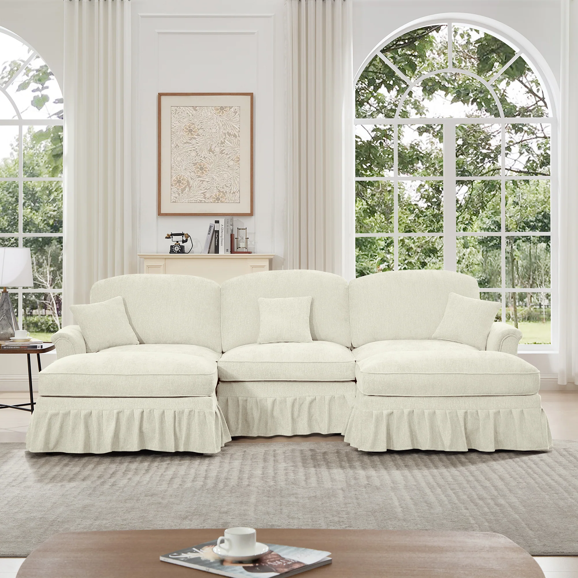Walker Edison | 2 in 1 Classic Traditional Style Sectional Sofa with Removable Ruffles Pleats Skirts