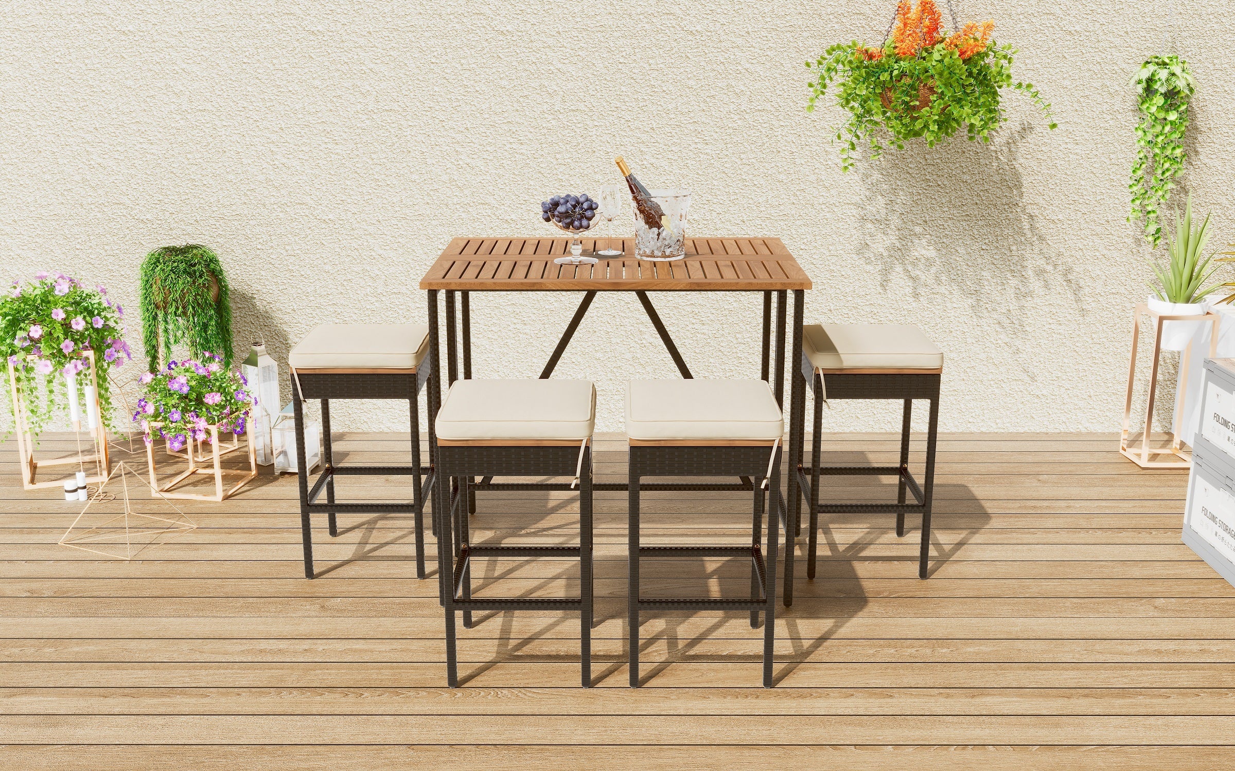 Walker Edison | Outdoor 5-Piece Acacia Wood Bar Height Table And Stool Set