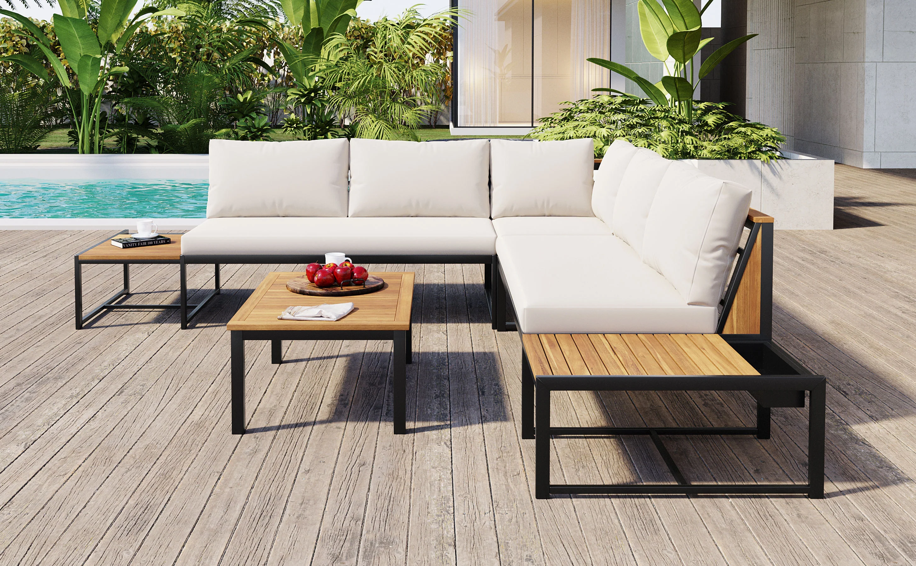 Walker Edison | 4 Pieces Outdoor Patio Sofa Sectional Set with Coffee and Side Tables