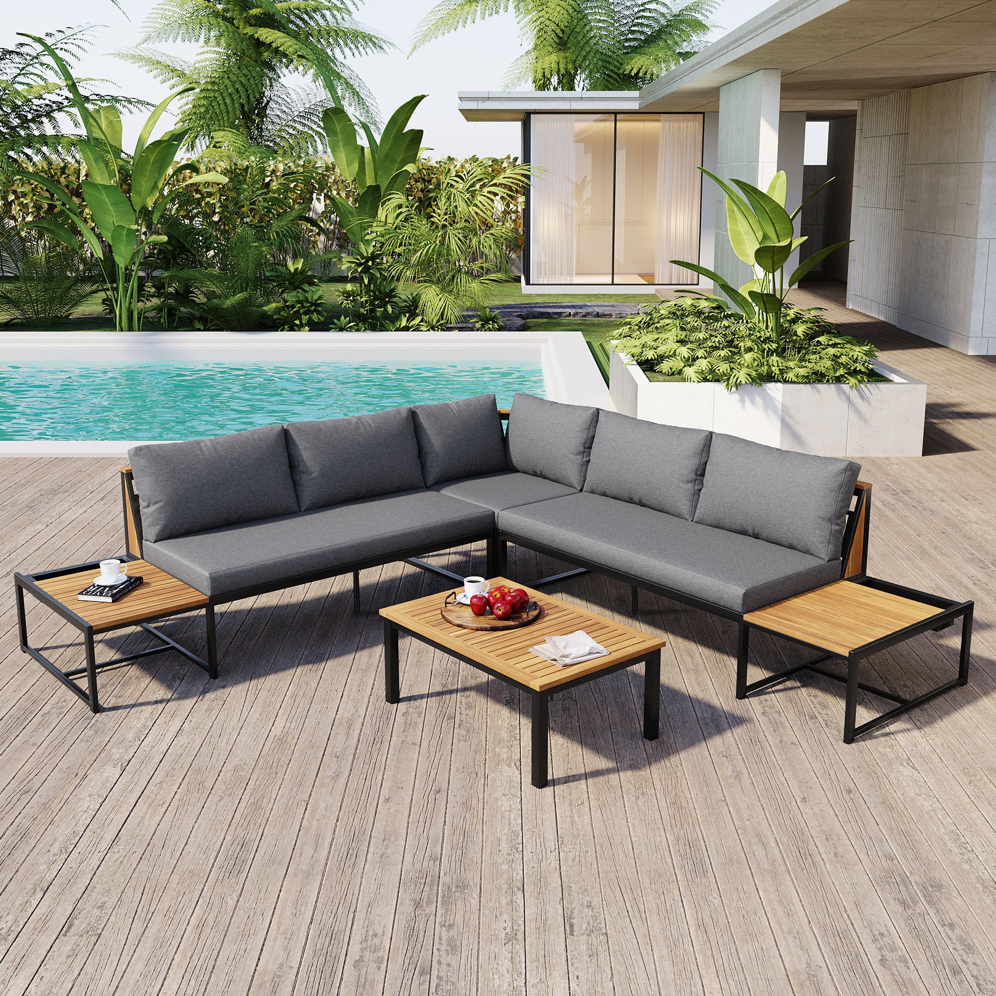 Walker Edison | 4 Pieces Outdoor Patio Sofa Sectional Set with Coffee and Side Tables