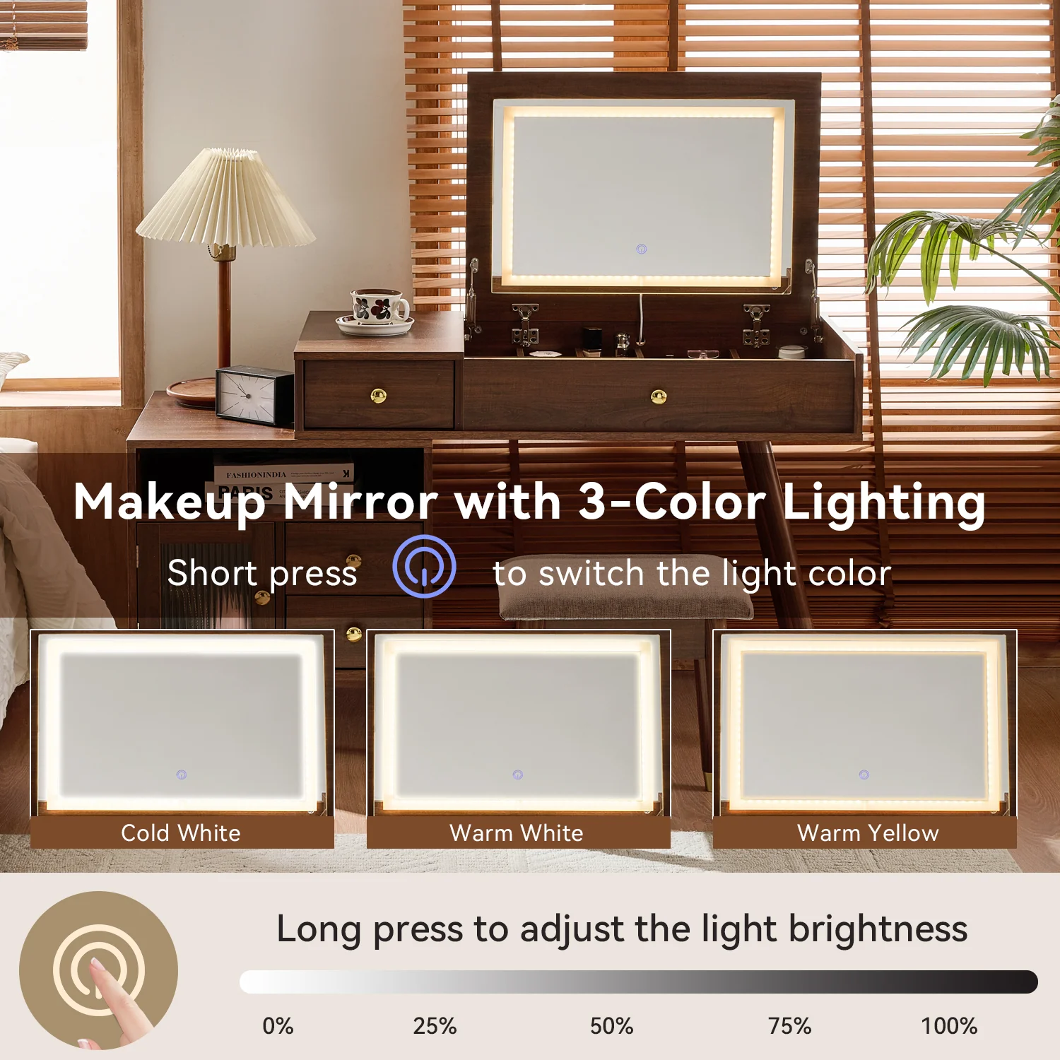 Walker Edison | 3-in-1 Makeup Vanity Desk with Lighted Flip-Top Mirror and Stool