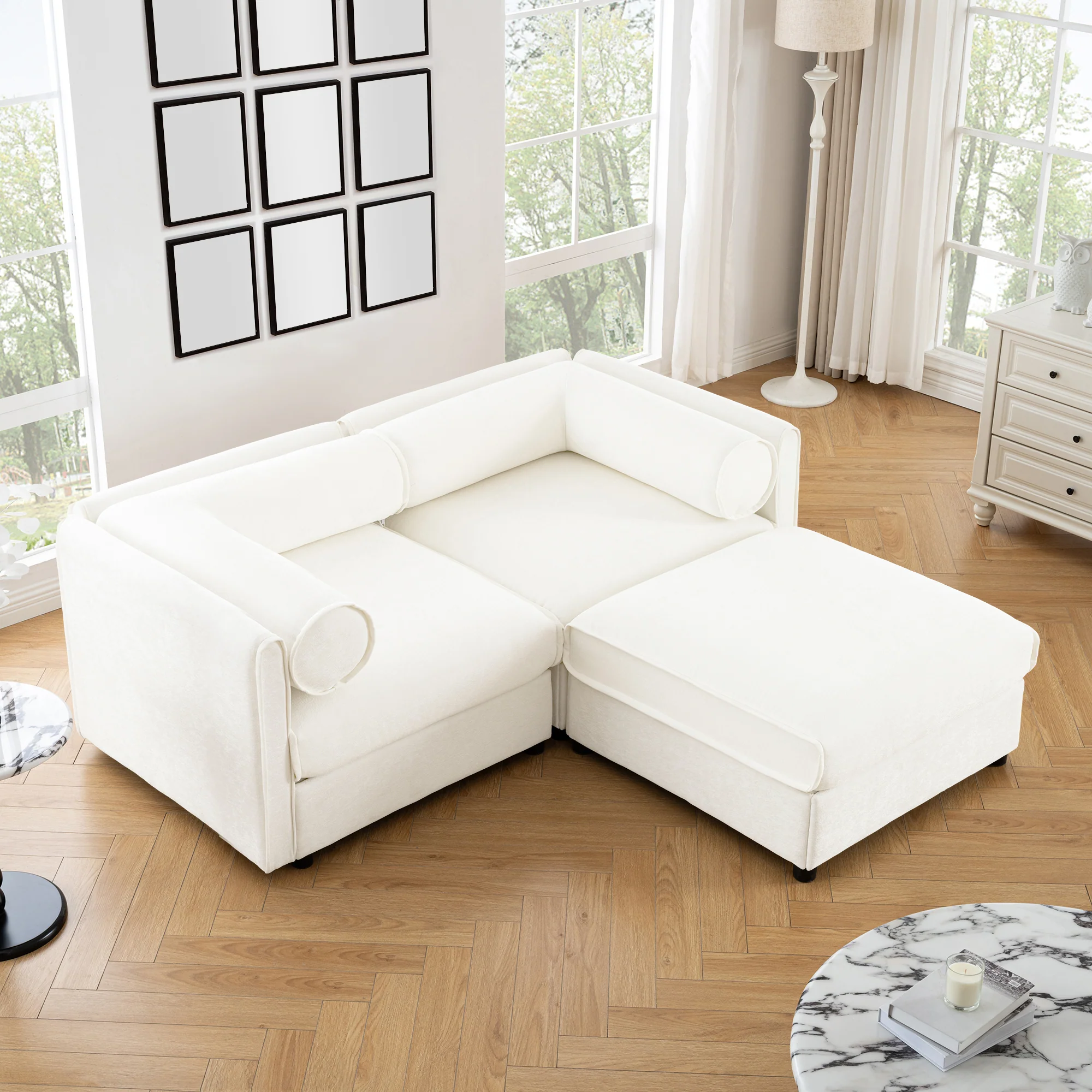 Walker Edison | Stylish Modern Chenille Loveseat Sofa with Ottoman Storage