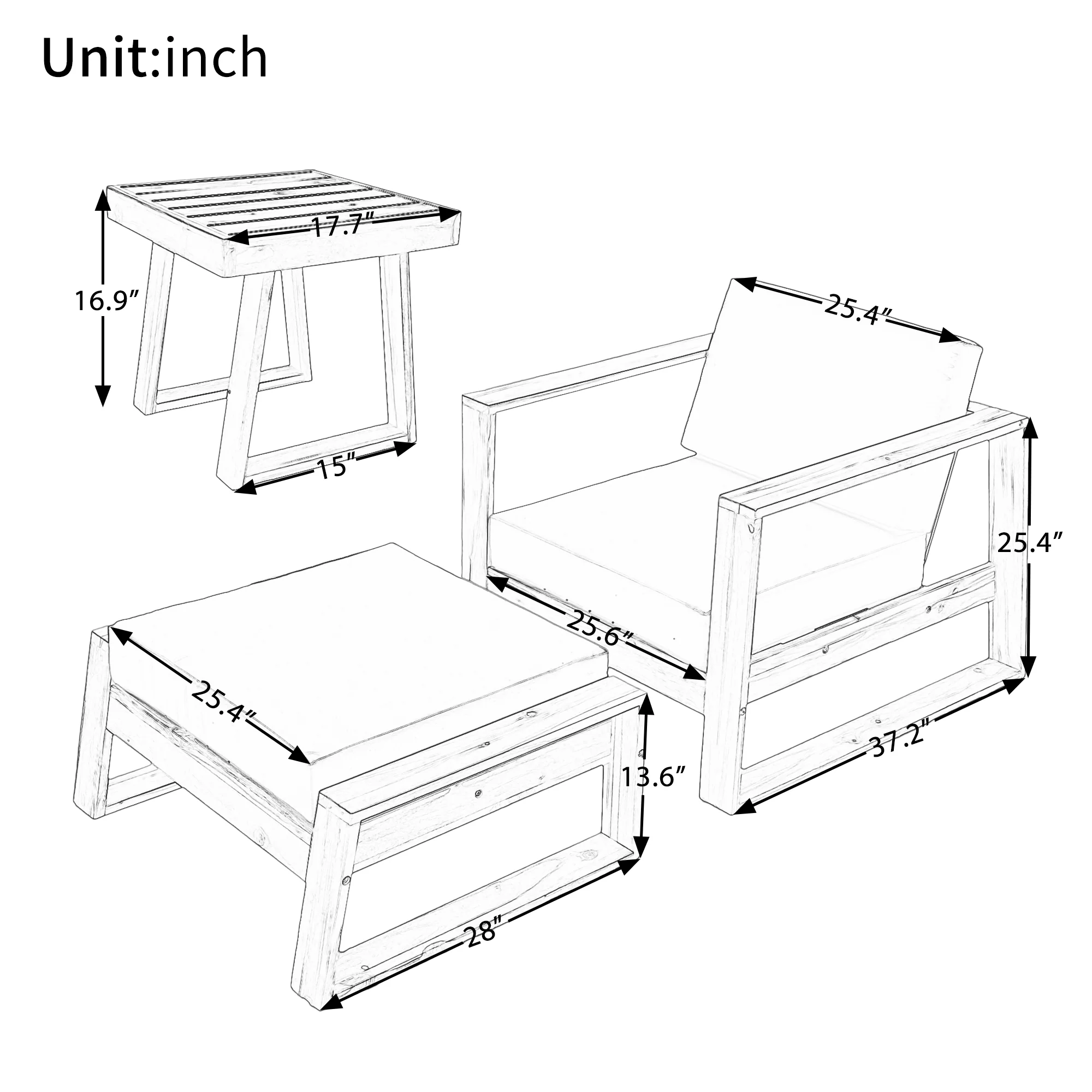 Walker Edison | 3-Piece Acacia Wood Outdoor Lounge Set