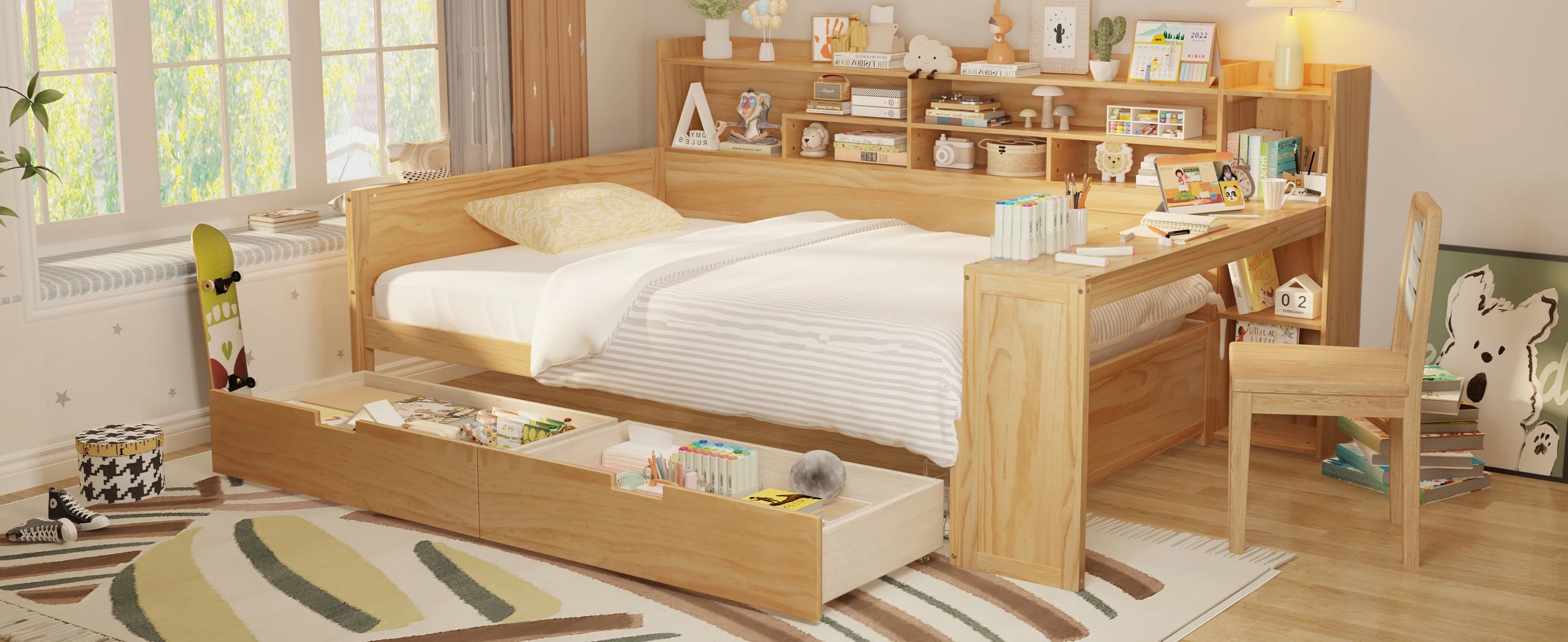 Walker Edison | Multi-functional Wooden Full Size Daybed with Storage Shelves