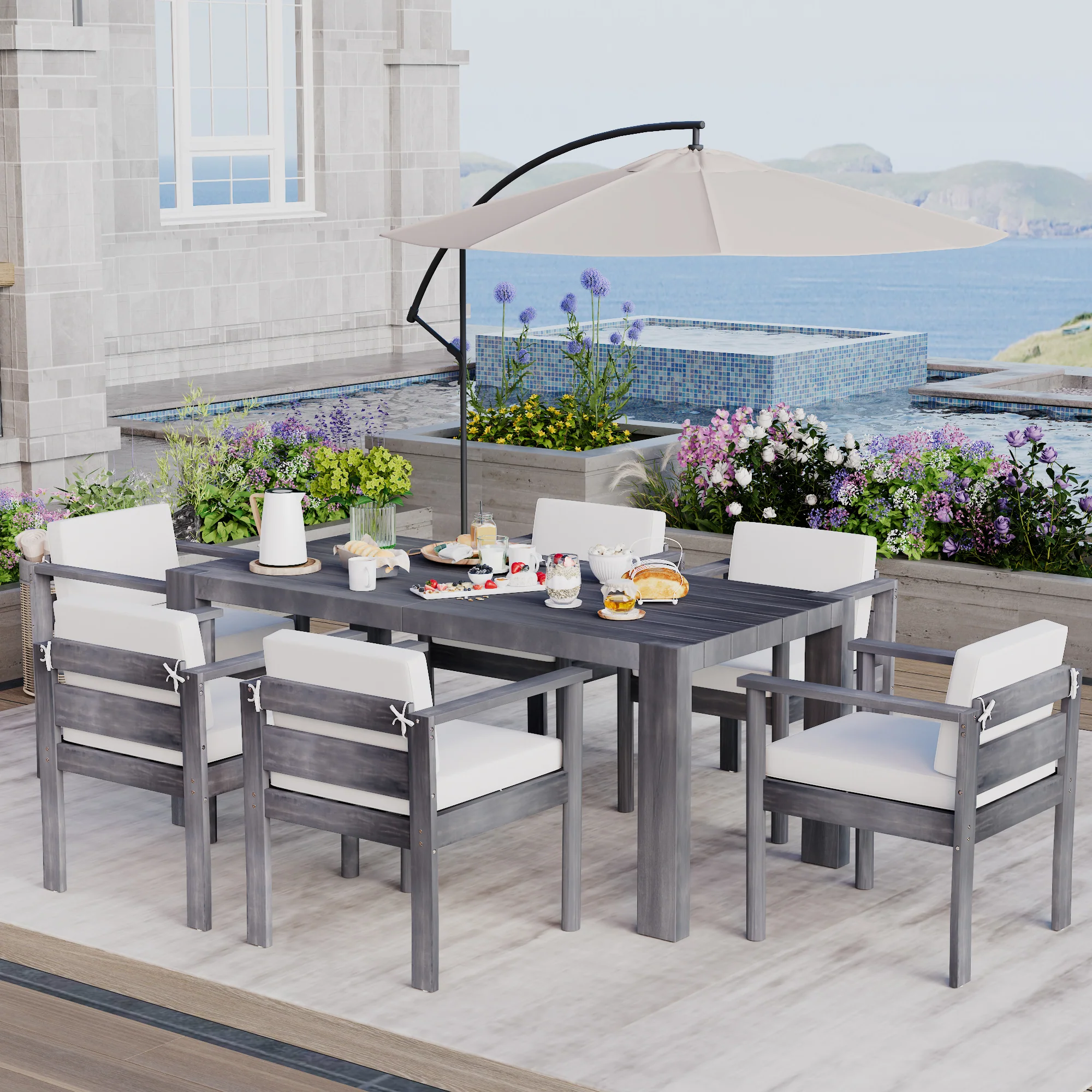 Walker Edison | Grey Wood Outdoor 7-Piece Patio Dining Table Set for 6