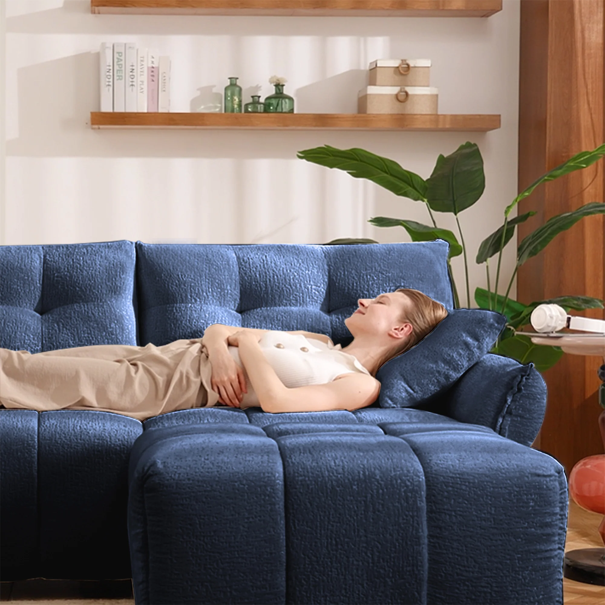 Walker Edison | Modern Ergonomic Blue Chenille Accent Chair with Ottoman Set