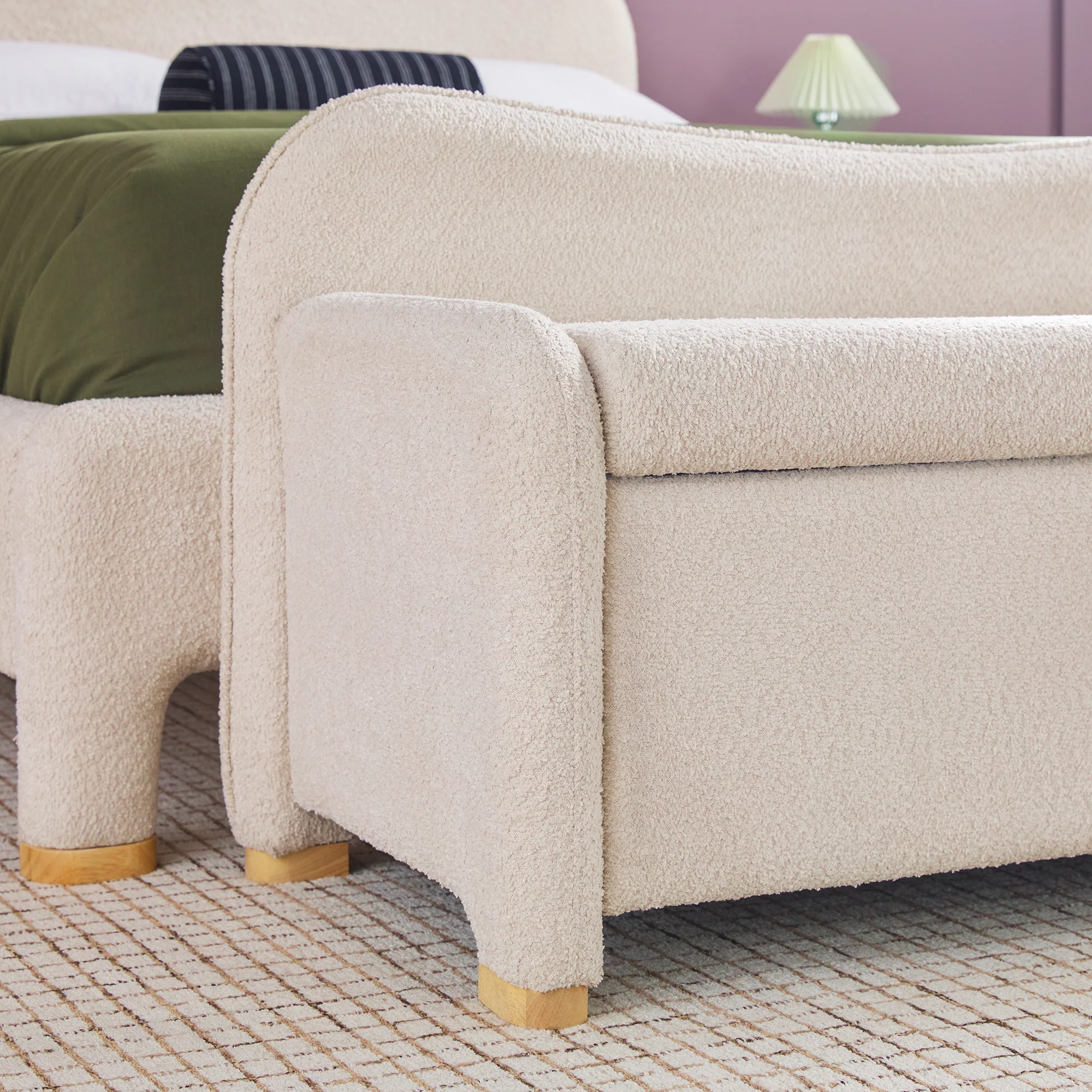Chantelle Modern Curved Boucle Upholstered Bench with Storage