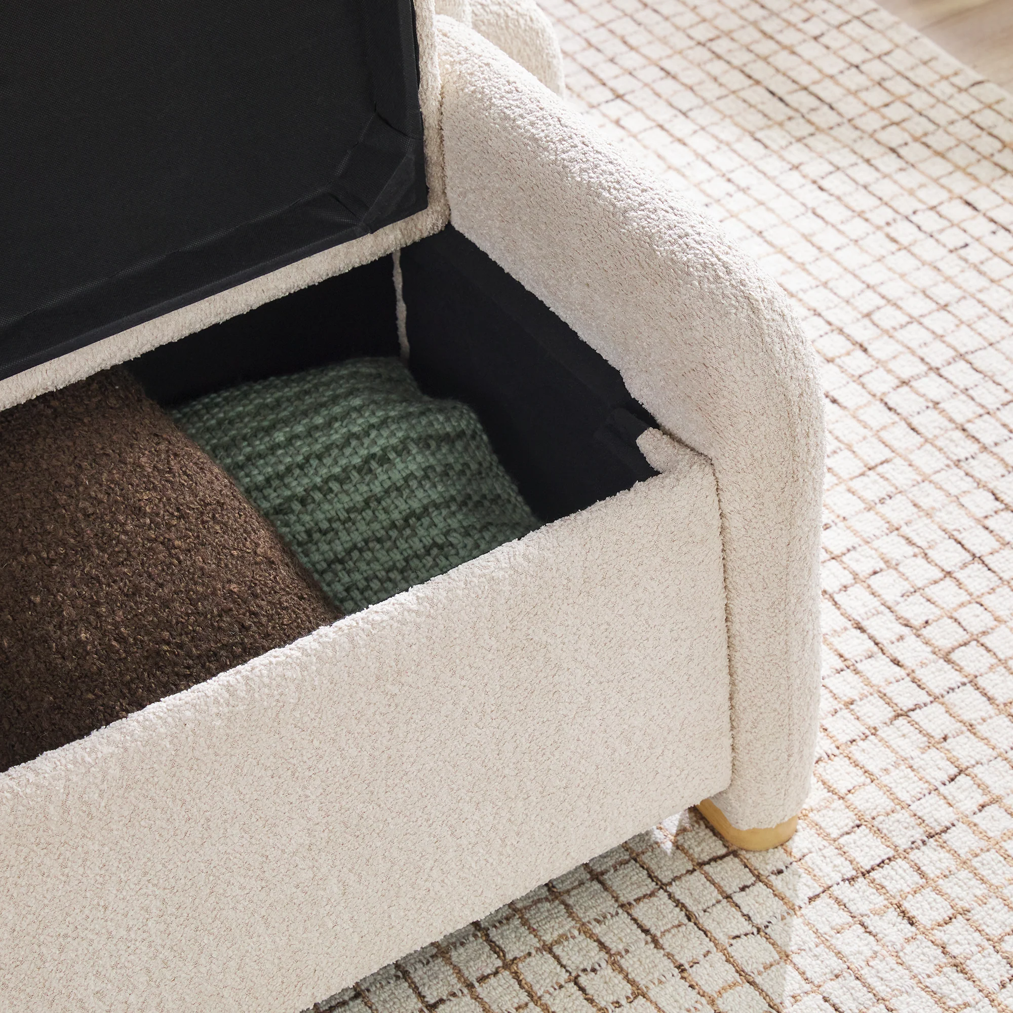 Chantelle Modern Curved Boucle Upholstered Bench with Storage