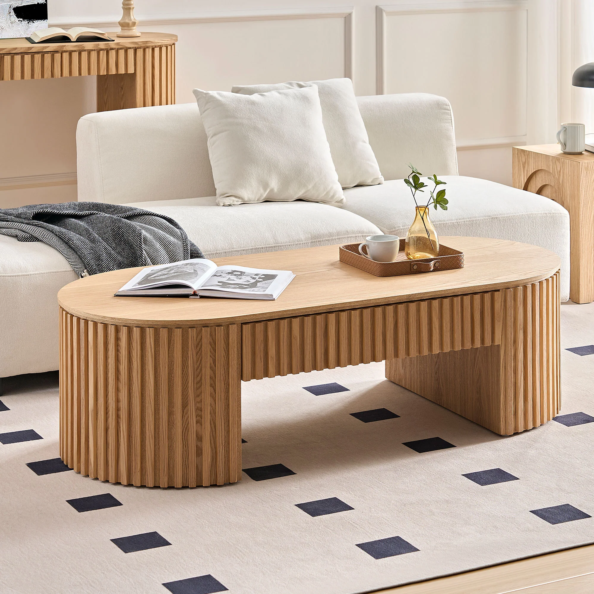 Walker Edison | Reeded Oval Wood Coffee Table With Drawer