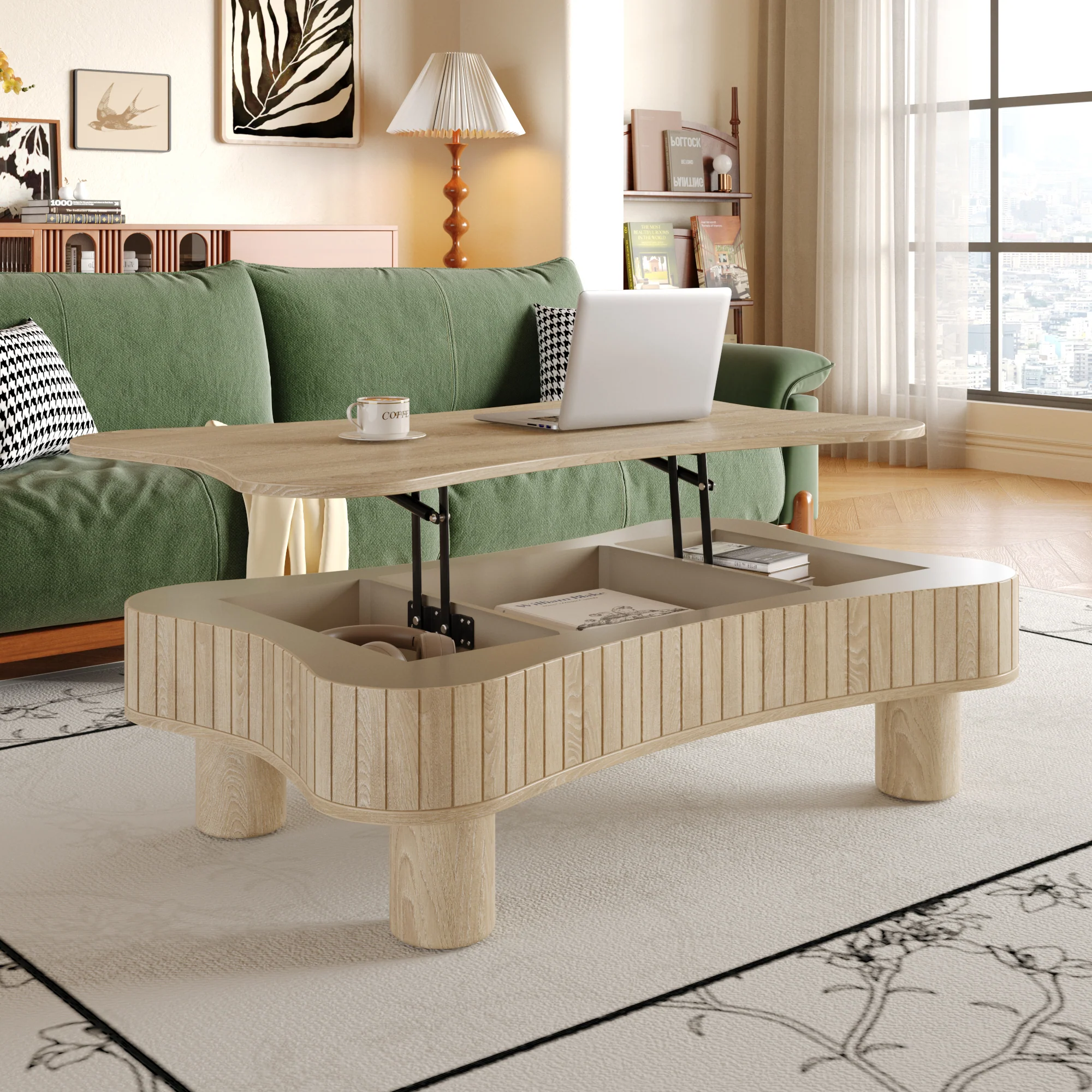 Walker Edison | Reeded Curve Design Lift Top Coffee Table and Desk
