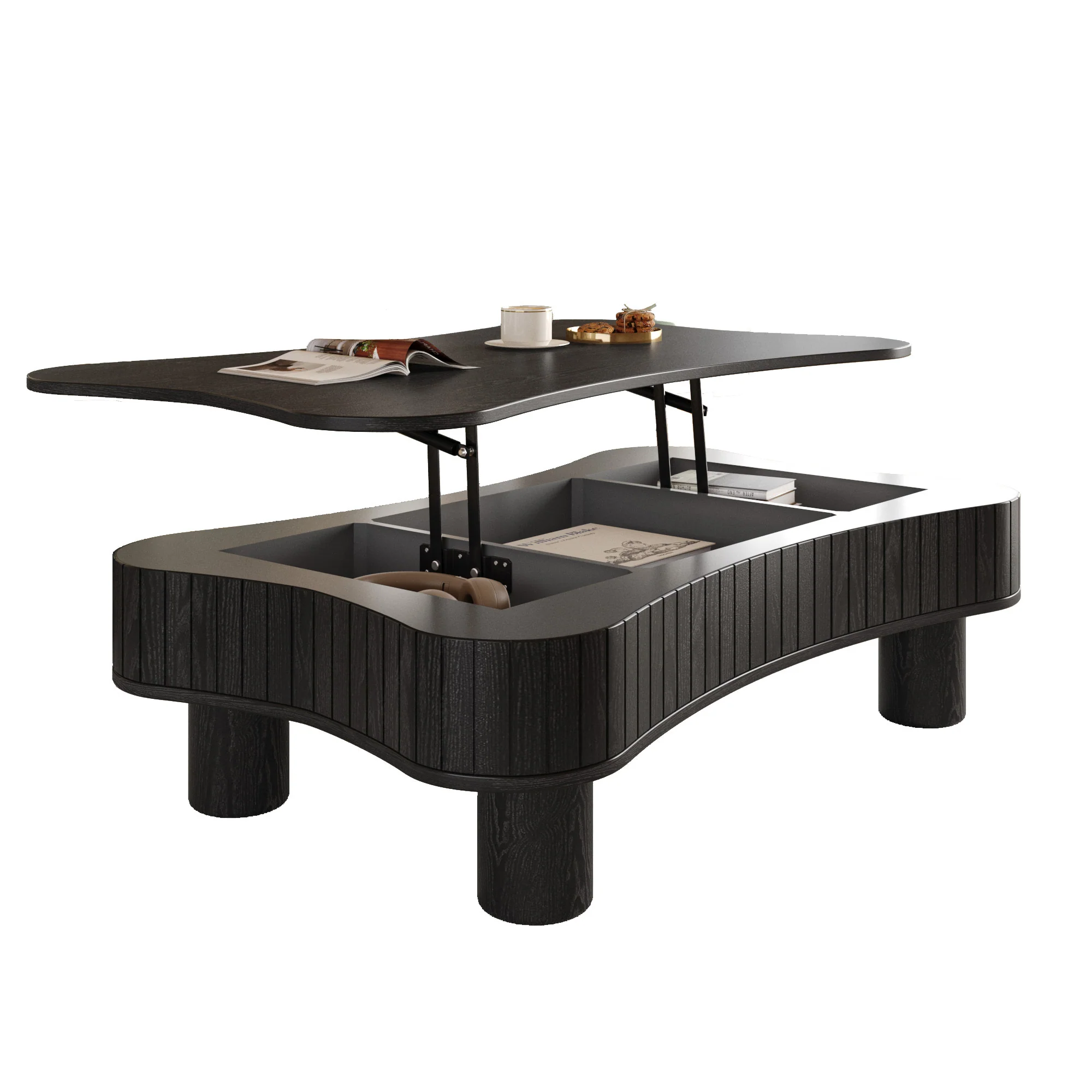 Walker Edison | Black Reeded Curve Design Lift Top Coffee Table and Desk