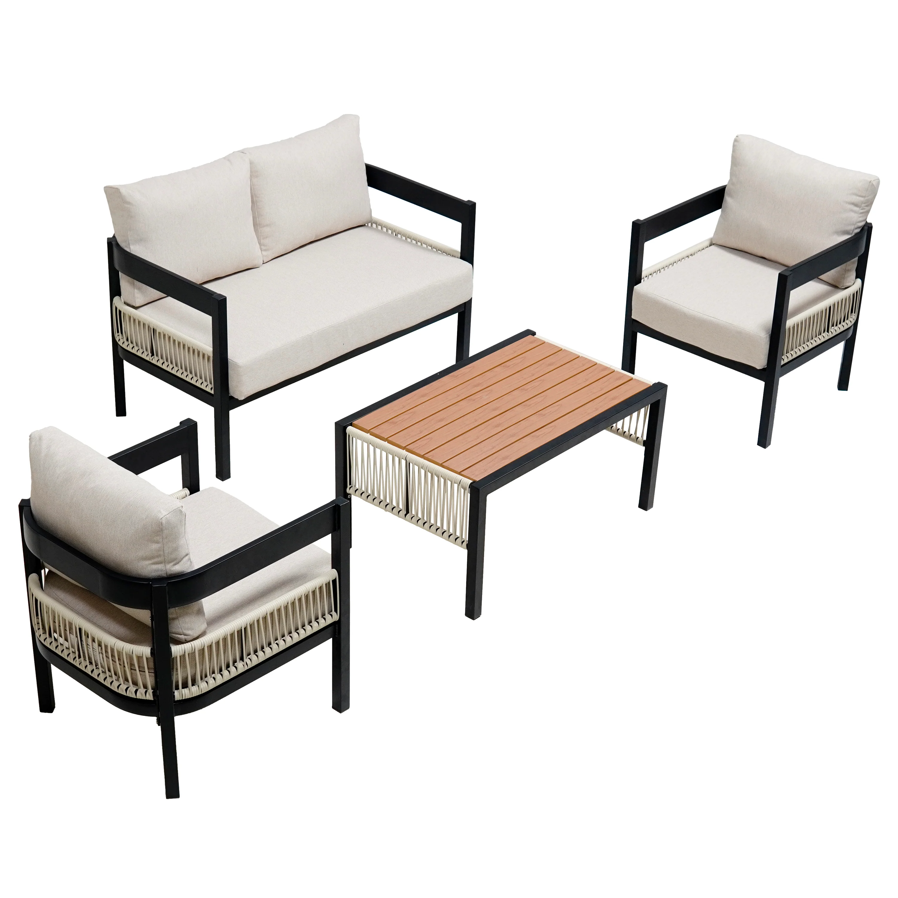 Walker Edison | Modern Rope Design Outdoor Iron Sofa Set with Coffee Table