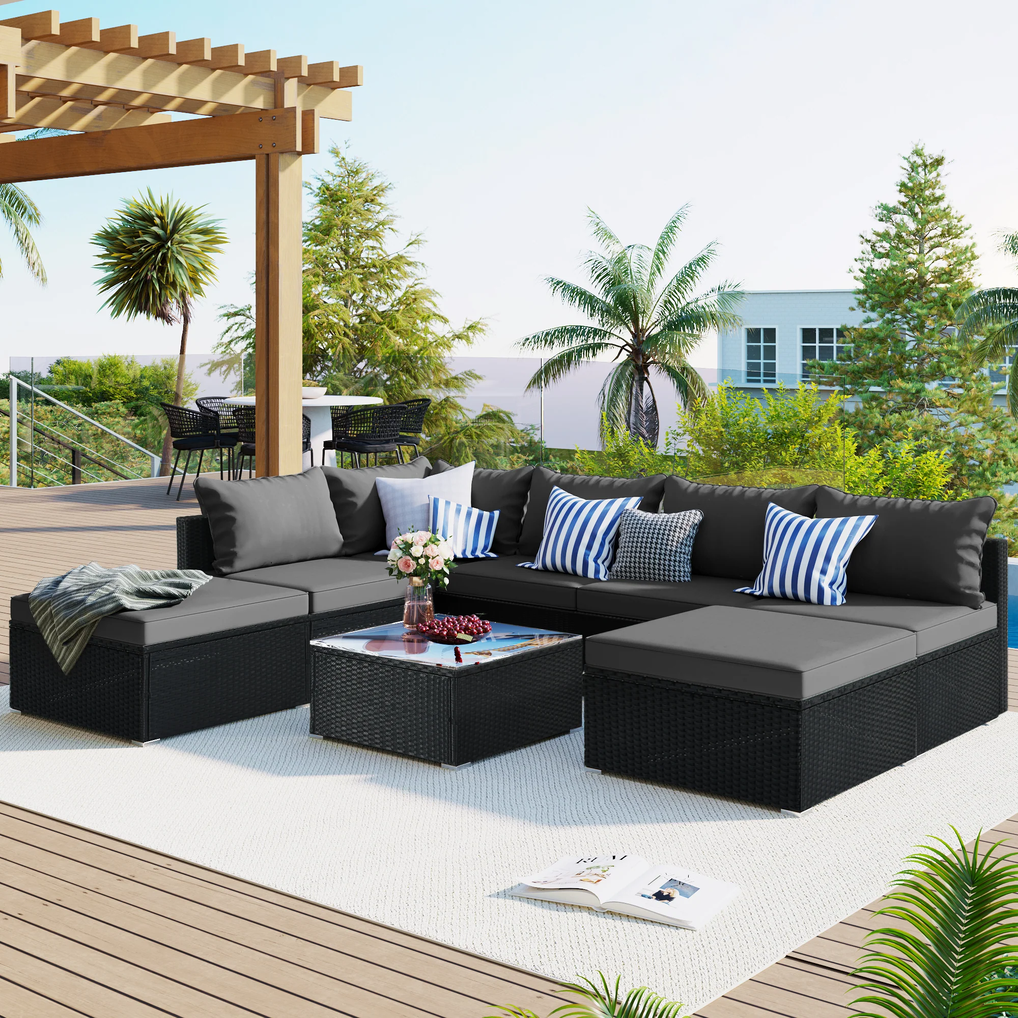 Walker Edison | 8-Pieces Outdoor Patio Wicker Furniture Sets