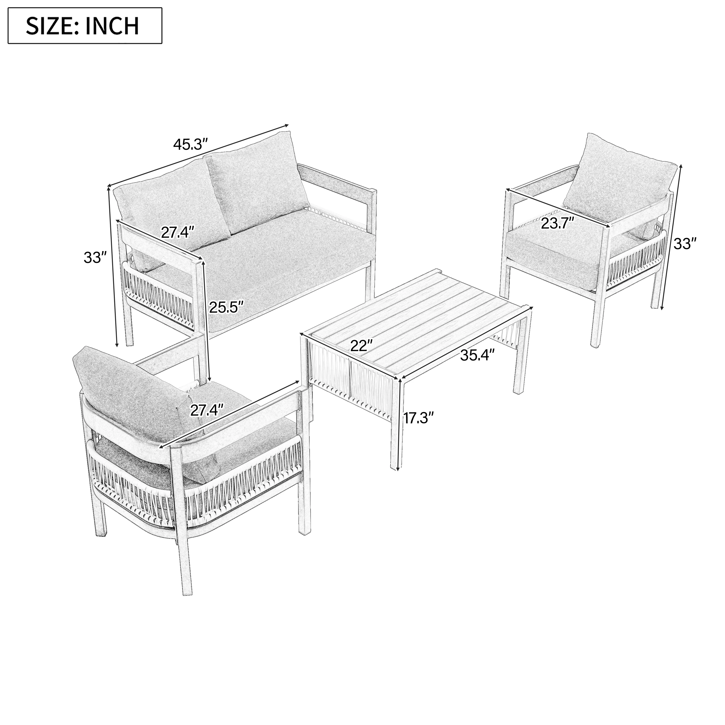 Walker Edison | Modern Rope Design Outdoor Iron Sofa Set with Coffee Table