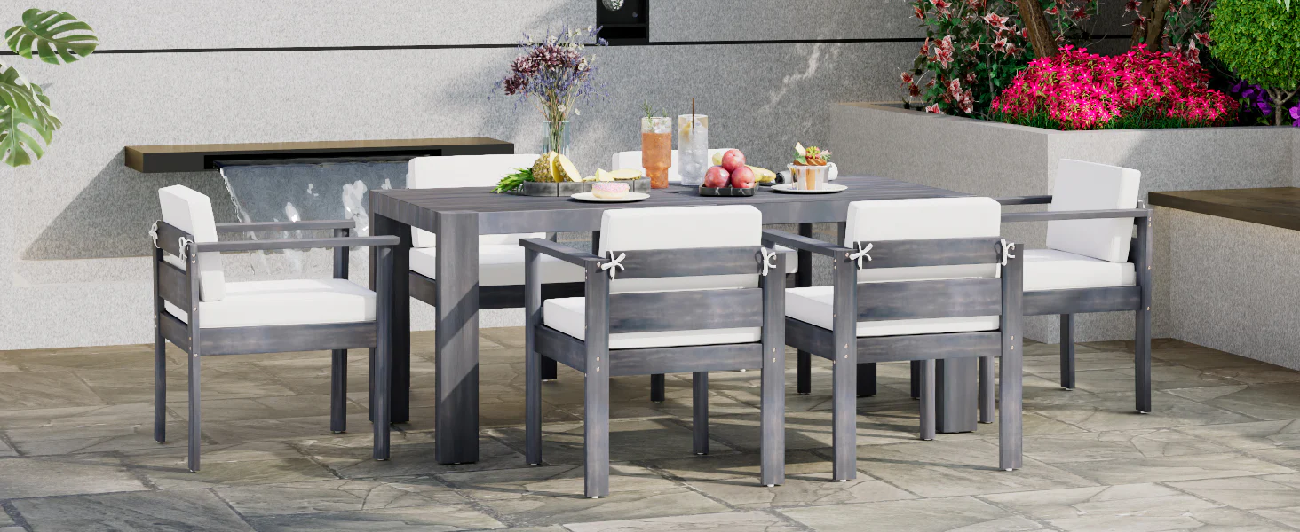 Walker Edison | Grey Wood Outdoor 7-Piece Patio Dining Table Set for 6