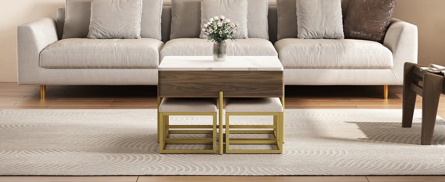 Walker Edison | Modern Square Lift-Top Coffee Table Set with 4 Ottomans