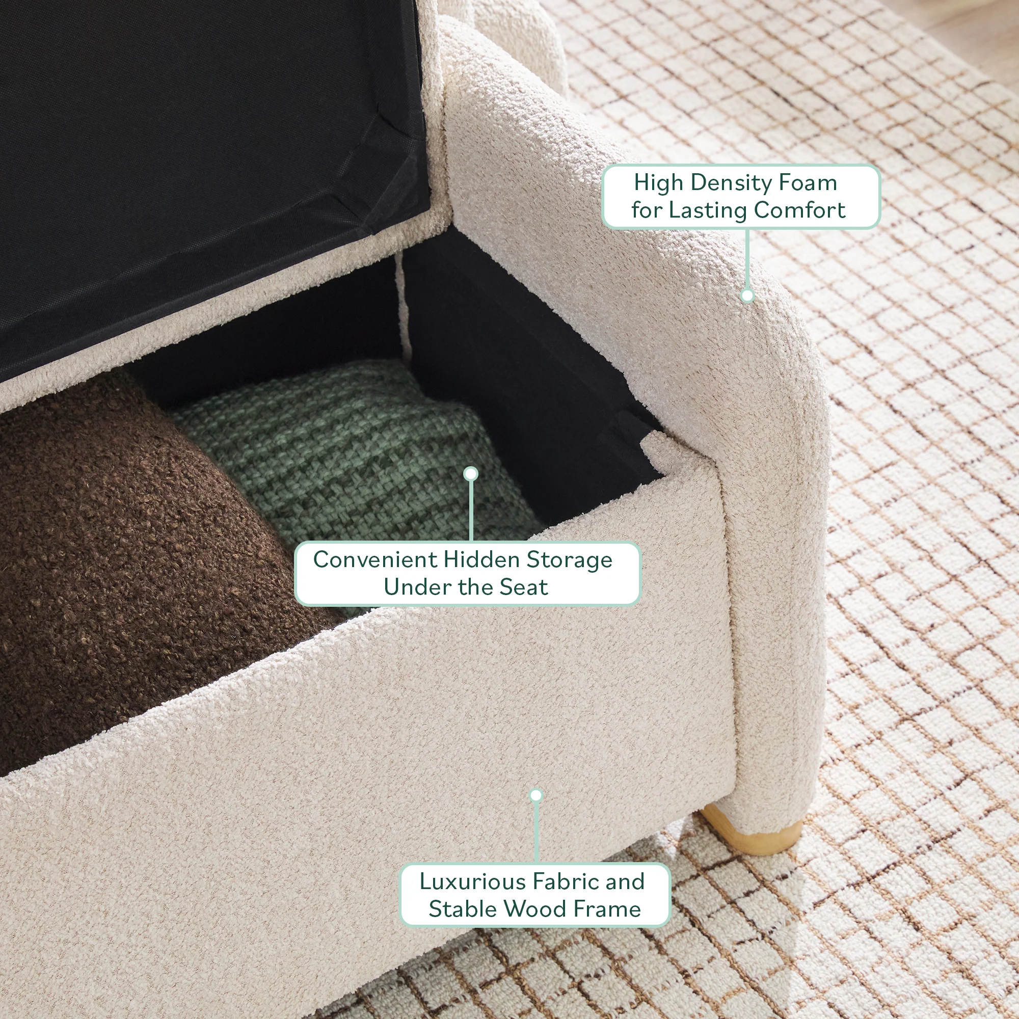 Chantelle Modern Curved Boucle Upholstered Bench with Storage