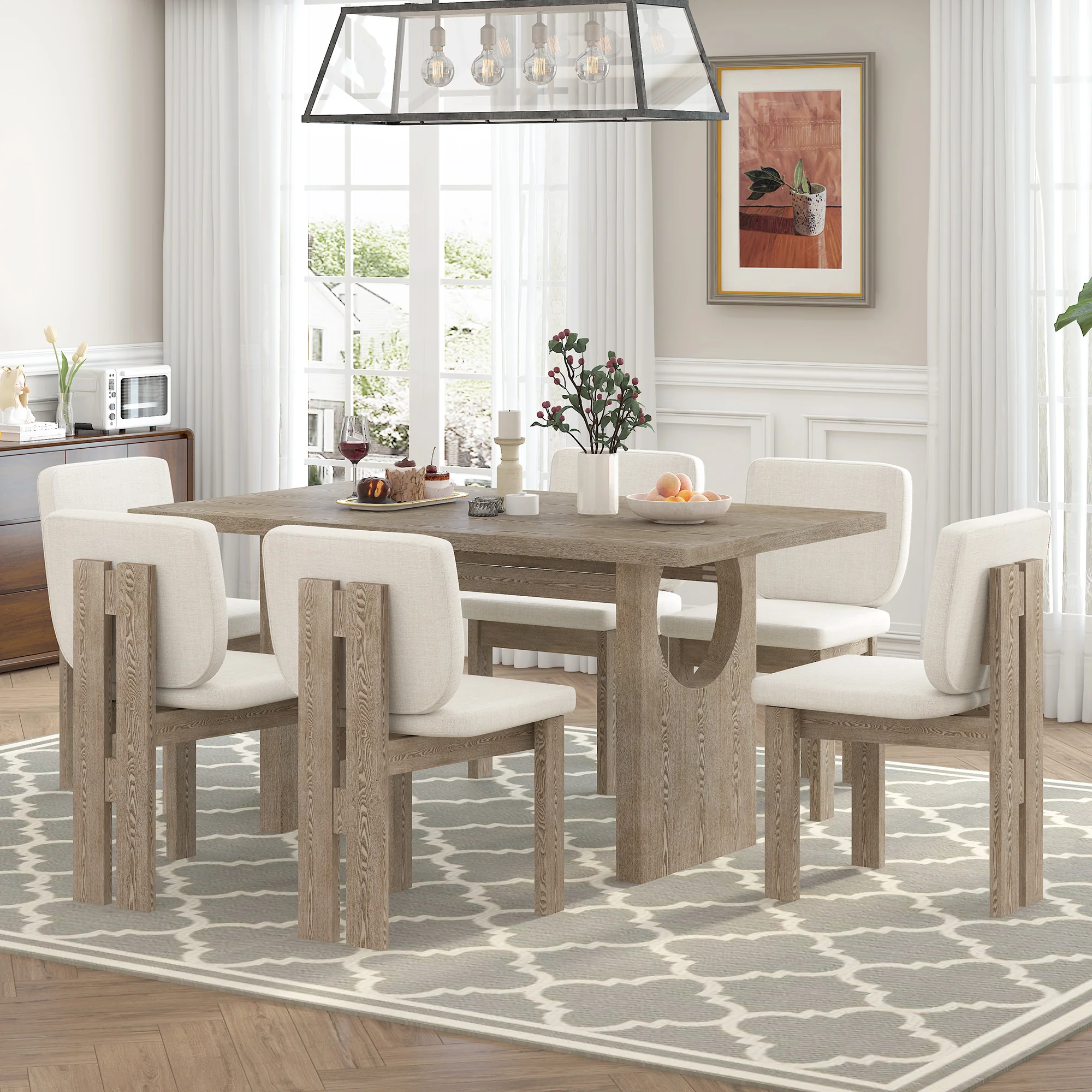 Walker Edison | Natural Wood Wash 7-Piece Retro Dining Set with 6 Upholstered Chairs