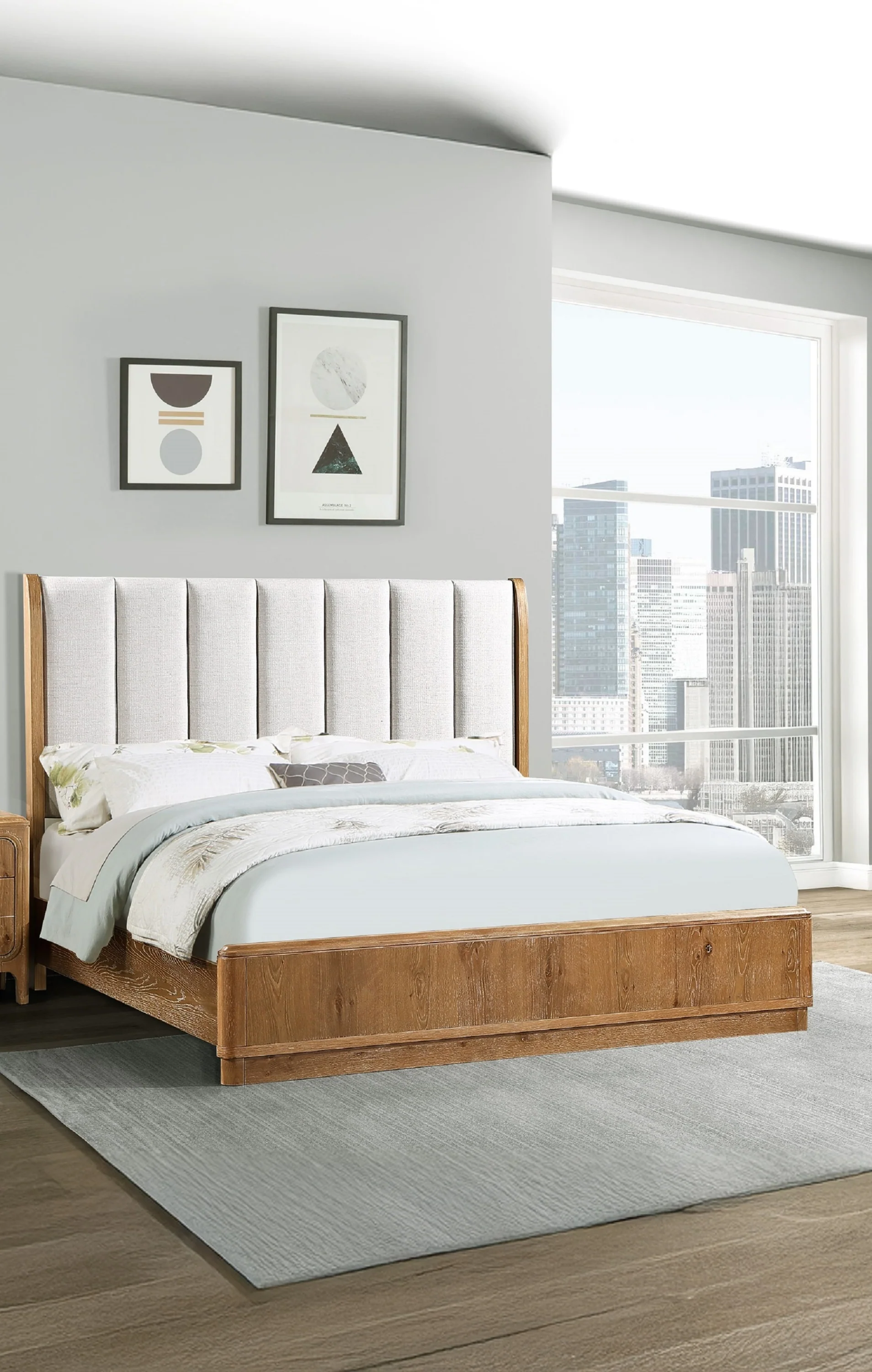 Walker Edison | Queen Upholstered Headboard with Rich Natural Wood Finish Platform