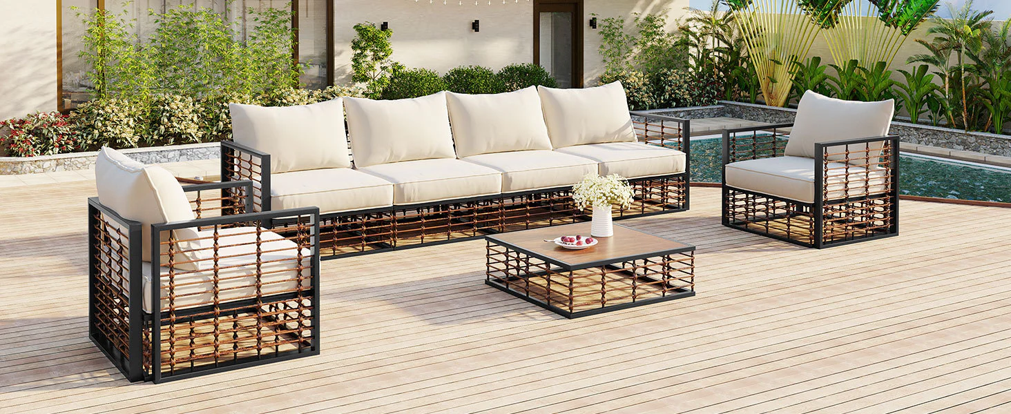 Walker Edison | Modern Minimalist 7-Piece Metal Outdoor Patio Sectional Sofa Set