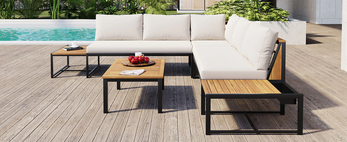 Walker Edison | 4 Pieces Outdoor Patio Sofa Sectional Set with Coffee and Side Tables