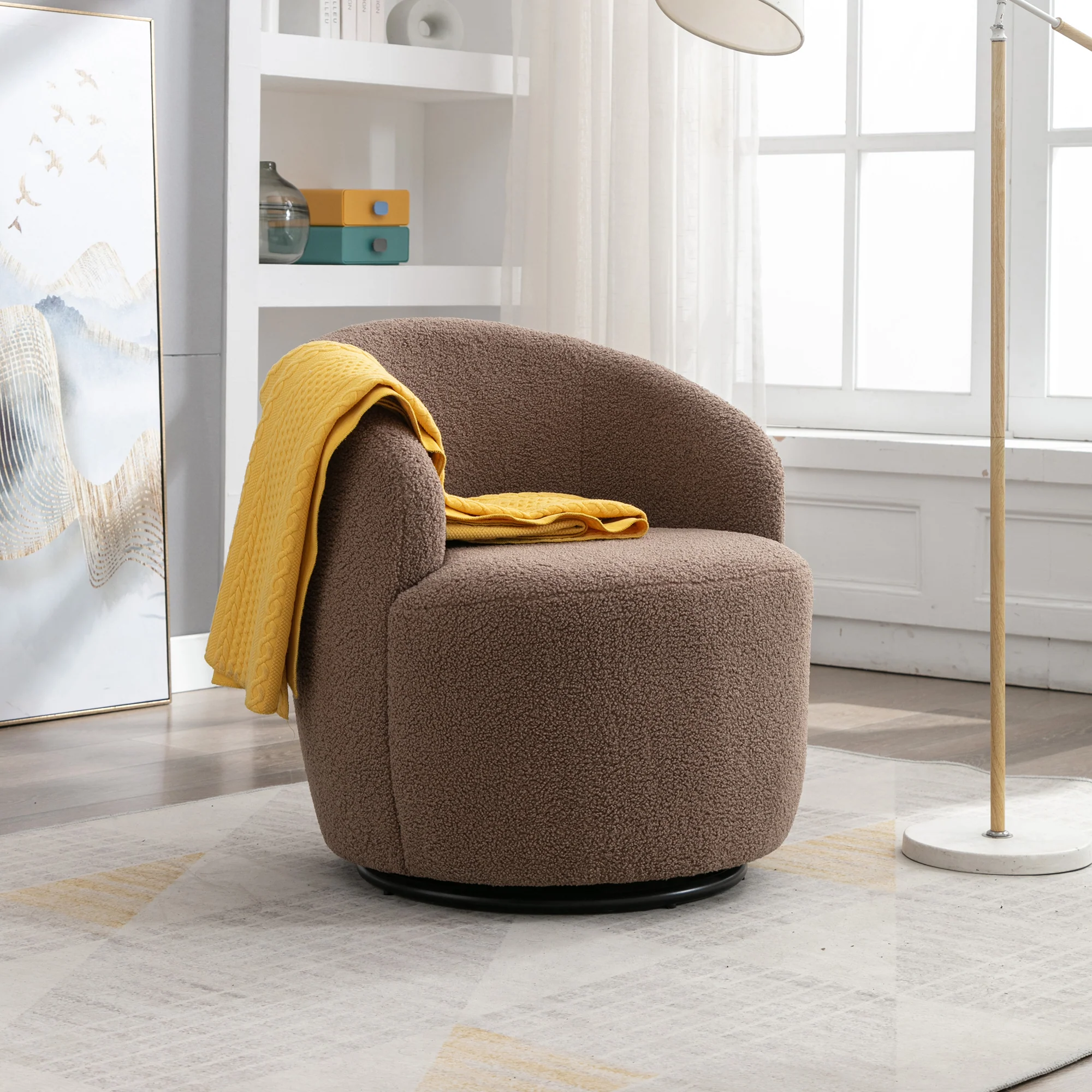 Walker Edison | Teddy Fabric Swivel Accent Armchair Barrel Chair With Black Powder Coating Metal Ring, Coffee Brown